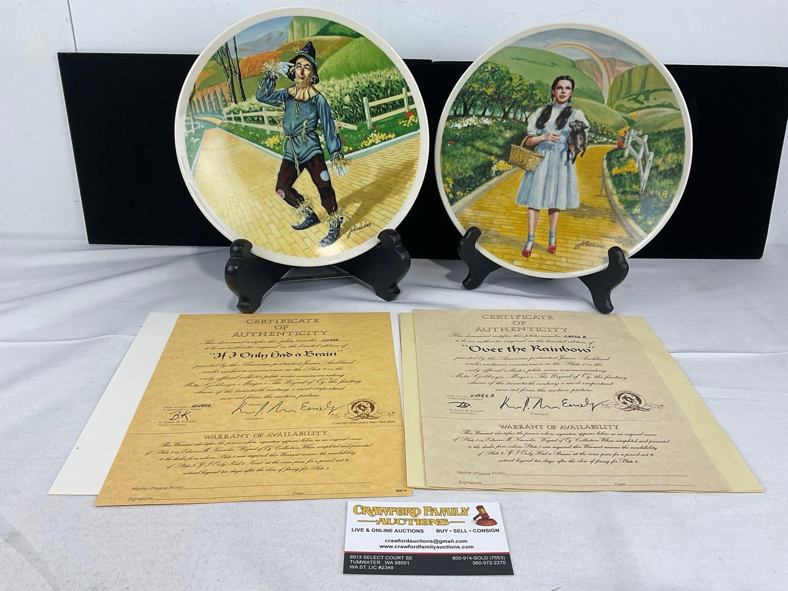 Pair of Wizard of Oz Collection by Knowles, If I Only Had a Brain & Over the Rainbow w/COA & Boxes: Pair of Commemorative Plates. See pics for condition. Measures approx 6h x 11w x 11d inches. E-6660