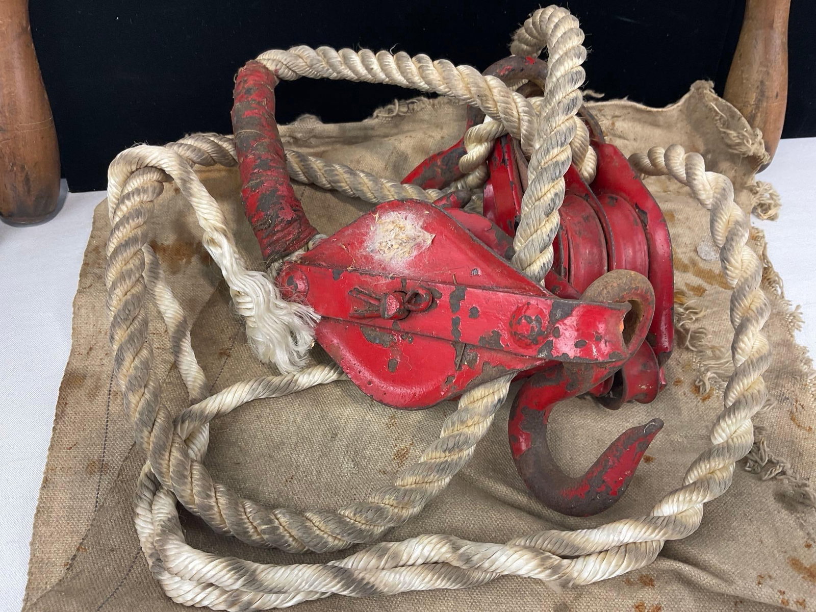 Vintage Draw Knife, Cowbell, & Pair of Red Pulleys, w/remnants of rope attached - 2