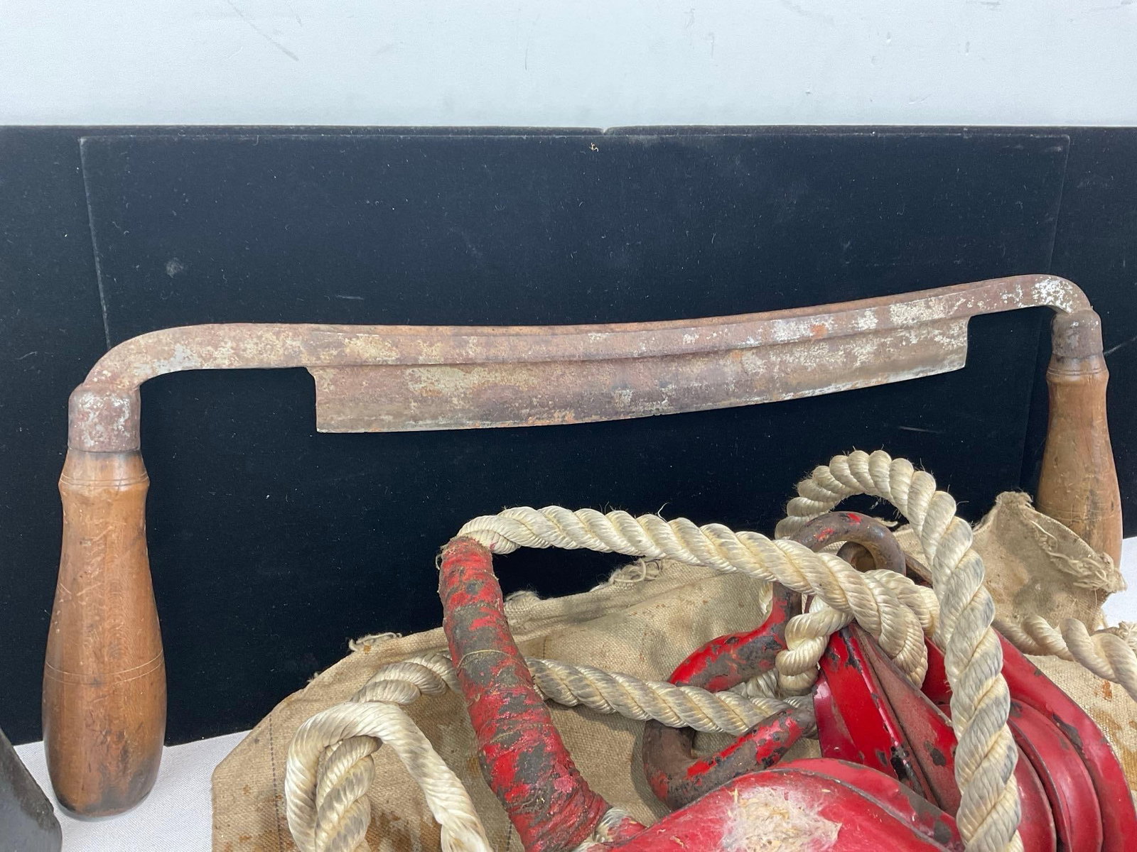 Vintage Draw Knife, Cowbell, & Pair of Red Pulleys, w/remnants of rope attached - 3