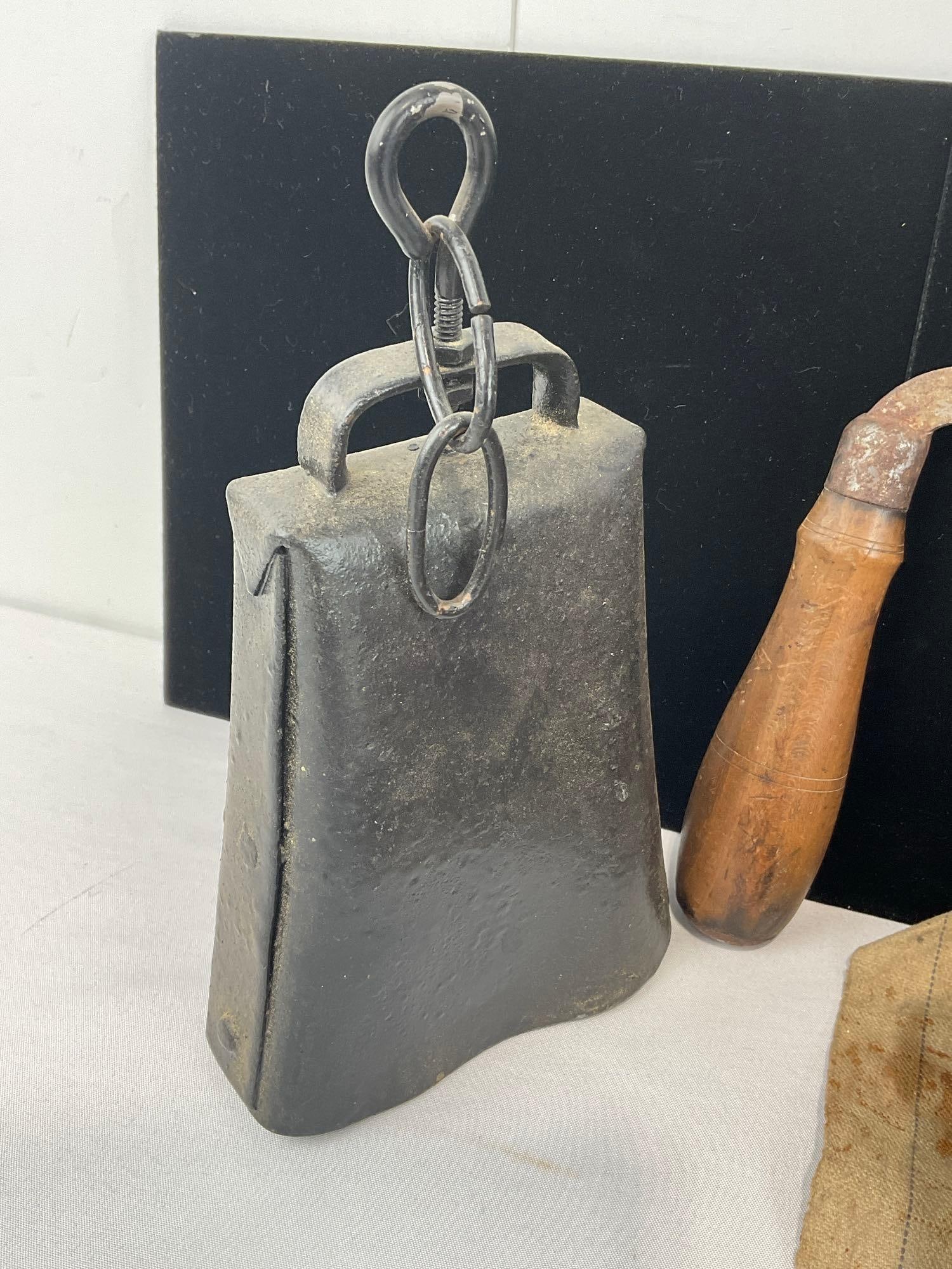 Vintage Draw Knife, Cowbell, & Pair of Red Pulleys, w/remnants of rope attached - 4