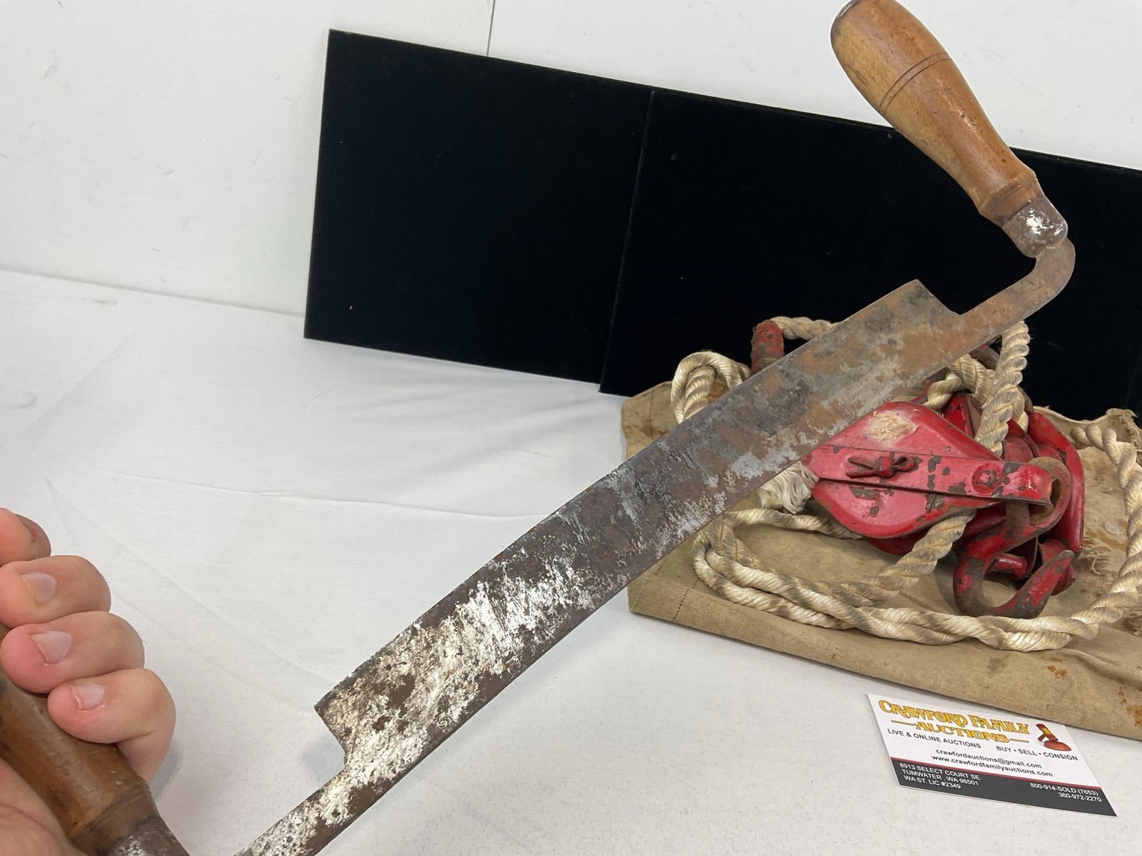 Vintage Draw Knife, Cowbell, & Pair of Red Pulleys, w/remnants of rope attached - 6