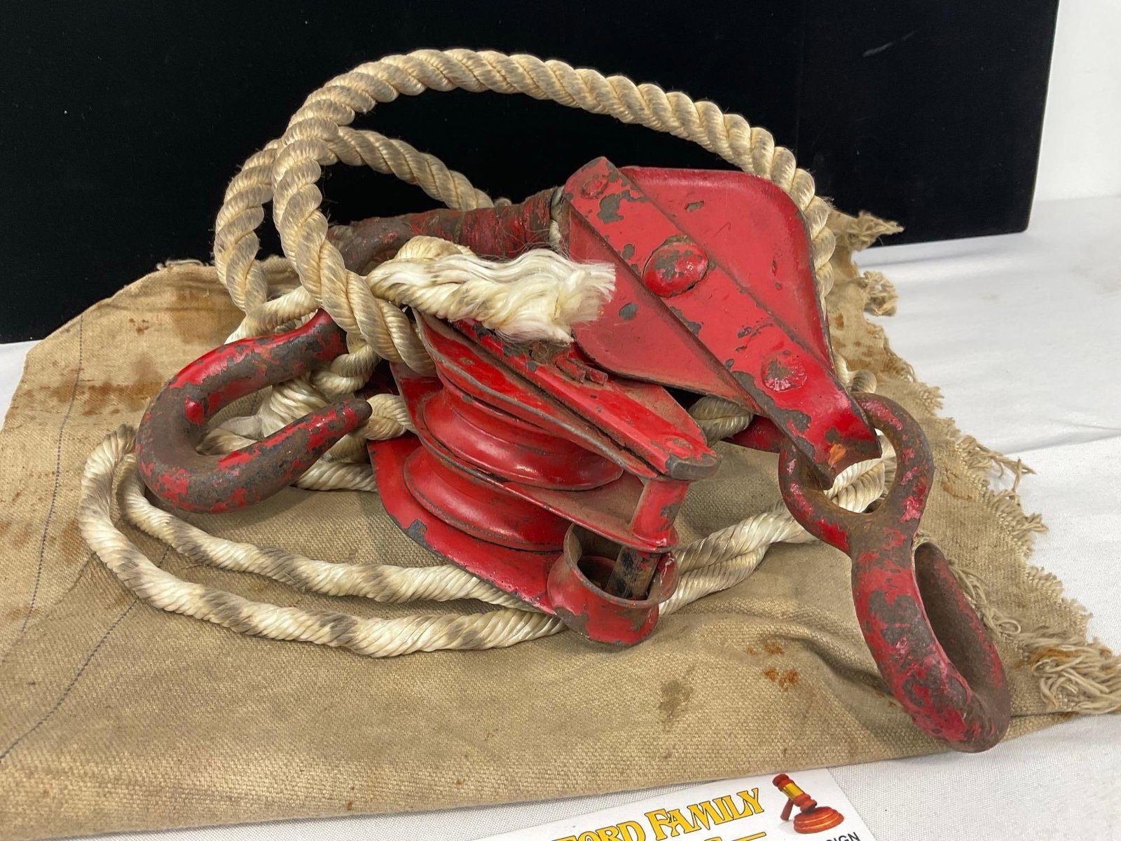 Vintage Draw Knife, Cowbell, & Pair of Red Pulleys, w/remnants of rope attached - 7