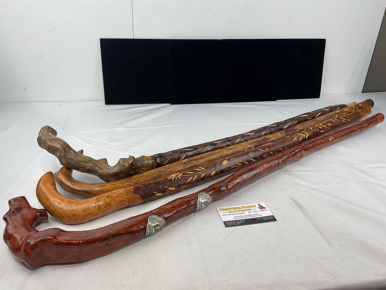 4 Rustic Handcrafted Walking Sticks, w/Leaf & Floral carved designs 34-38 inches long - 4