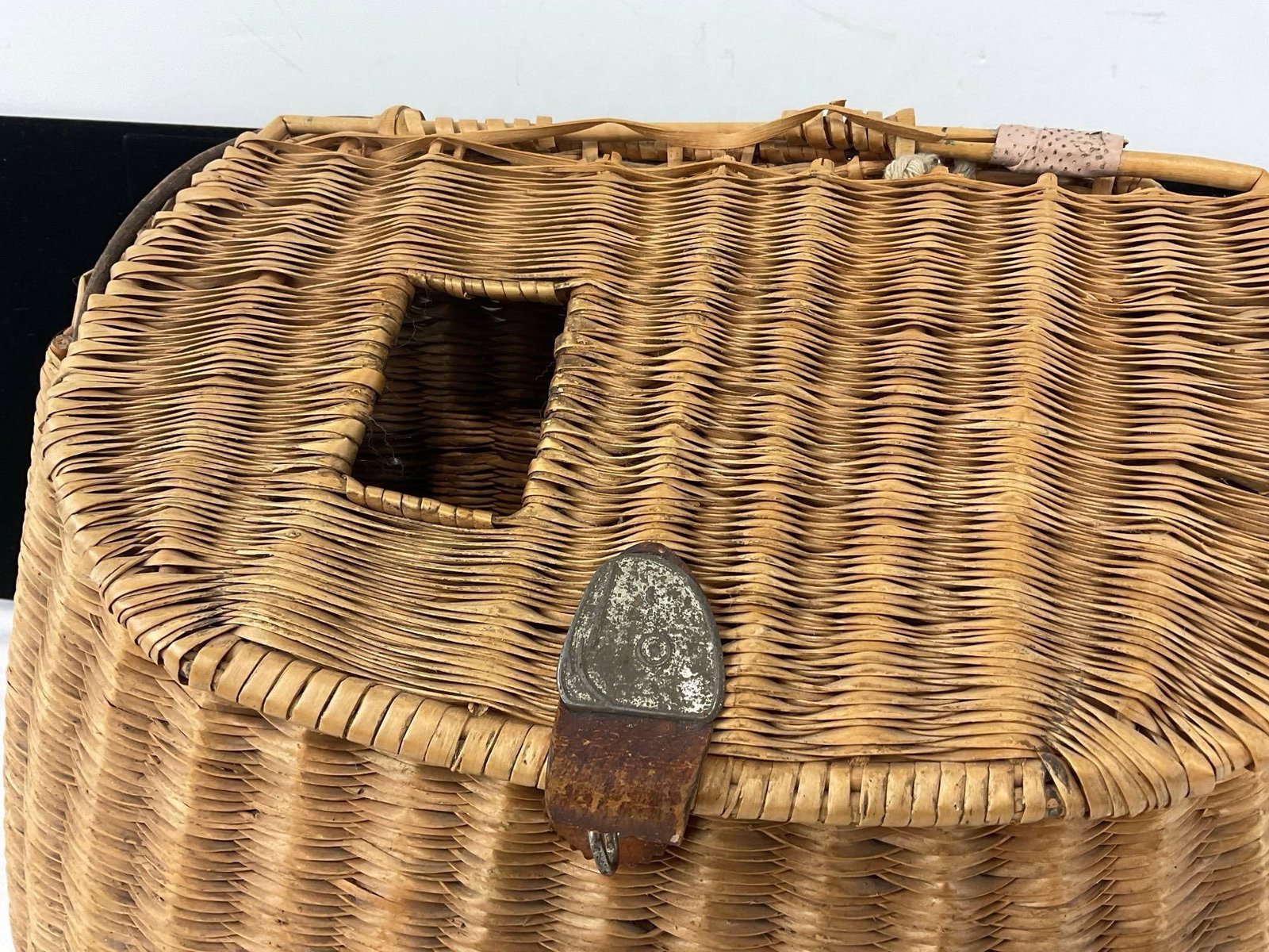 Vintage Handwoven Creel Fishing Basket, Reed & Grass construction, some wear - 2