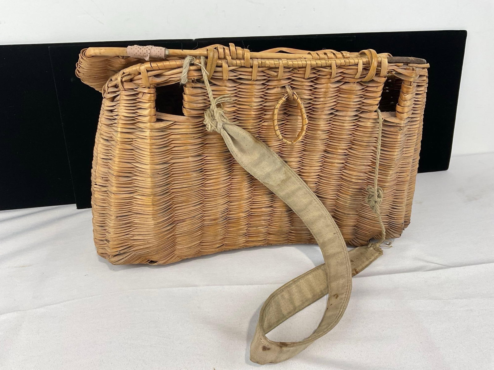 Vintage Handwoven Creel Fishing Basket, Reed & Grass construction, some wear - 3