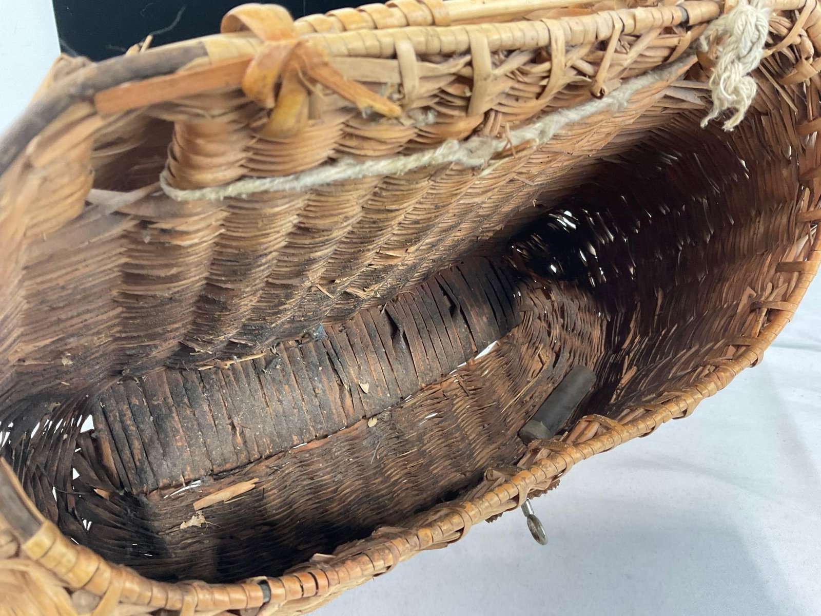 Vintage Handwoven Creel Fishing Basket, Reed & Grass construction, some wear - 5