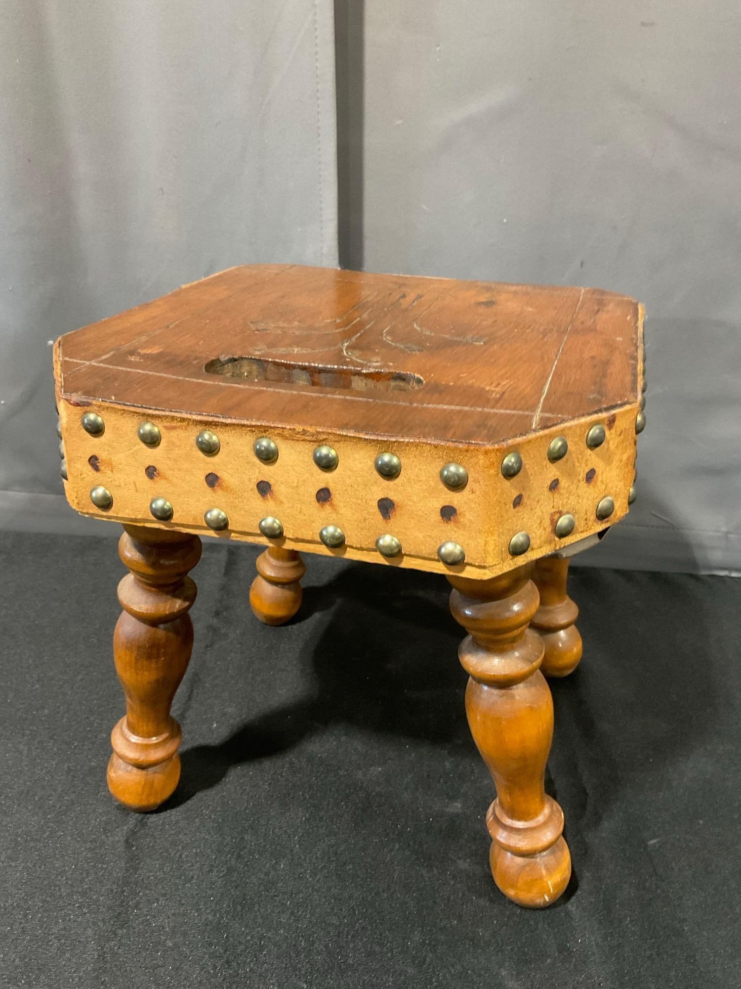 Handmade Footstool, 4 removable legs, banded w/leather, 13x14x12 inches: See pics for condition. Measures approx 13h x 14w x 12d inches. E-6420