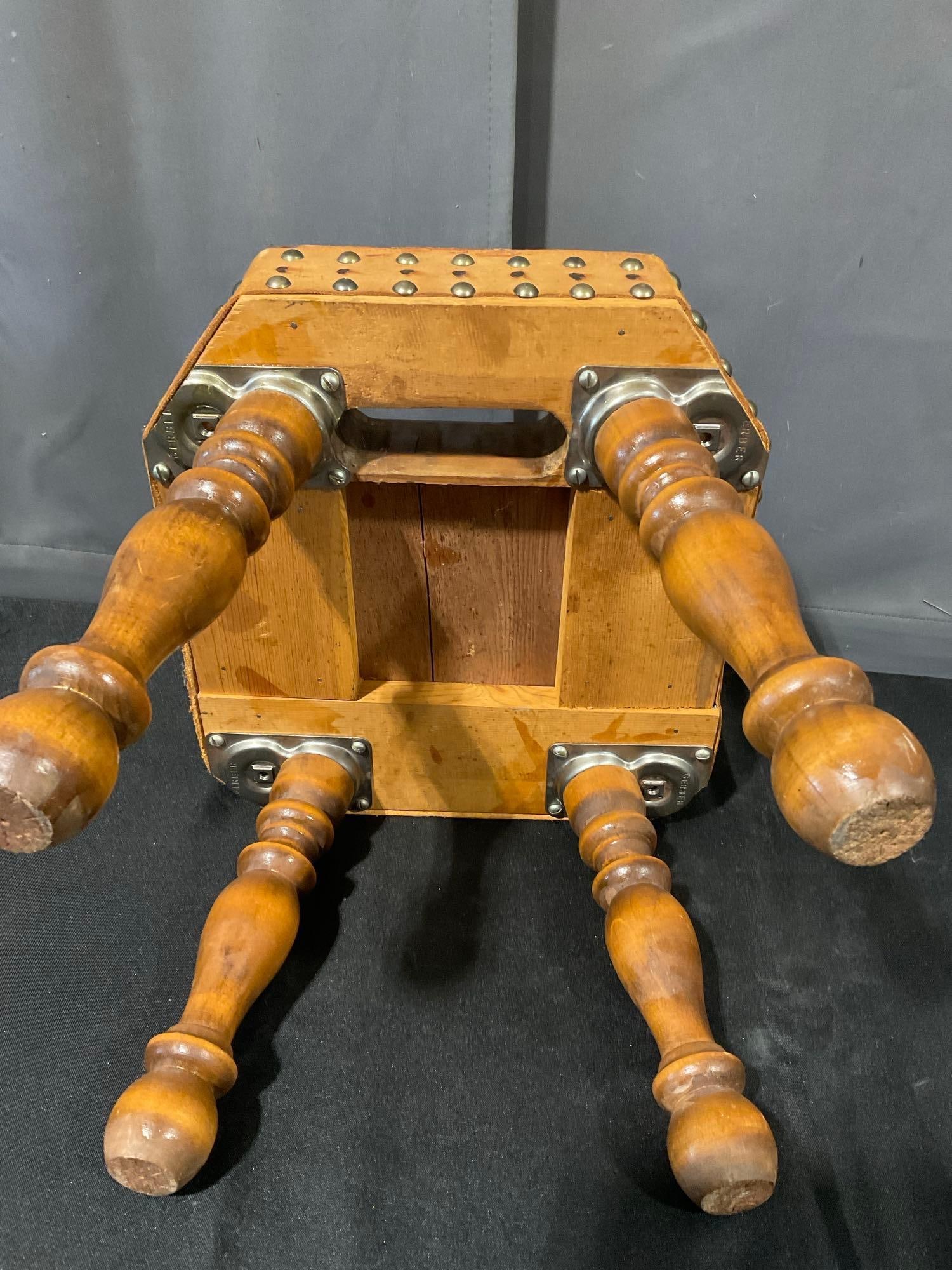Handmade Footstool, 4 removable legs, banded w/leather, 13x14x12 inches - 4