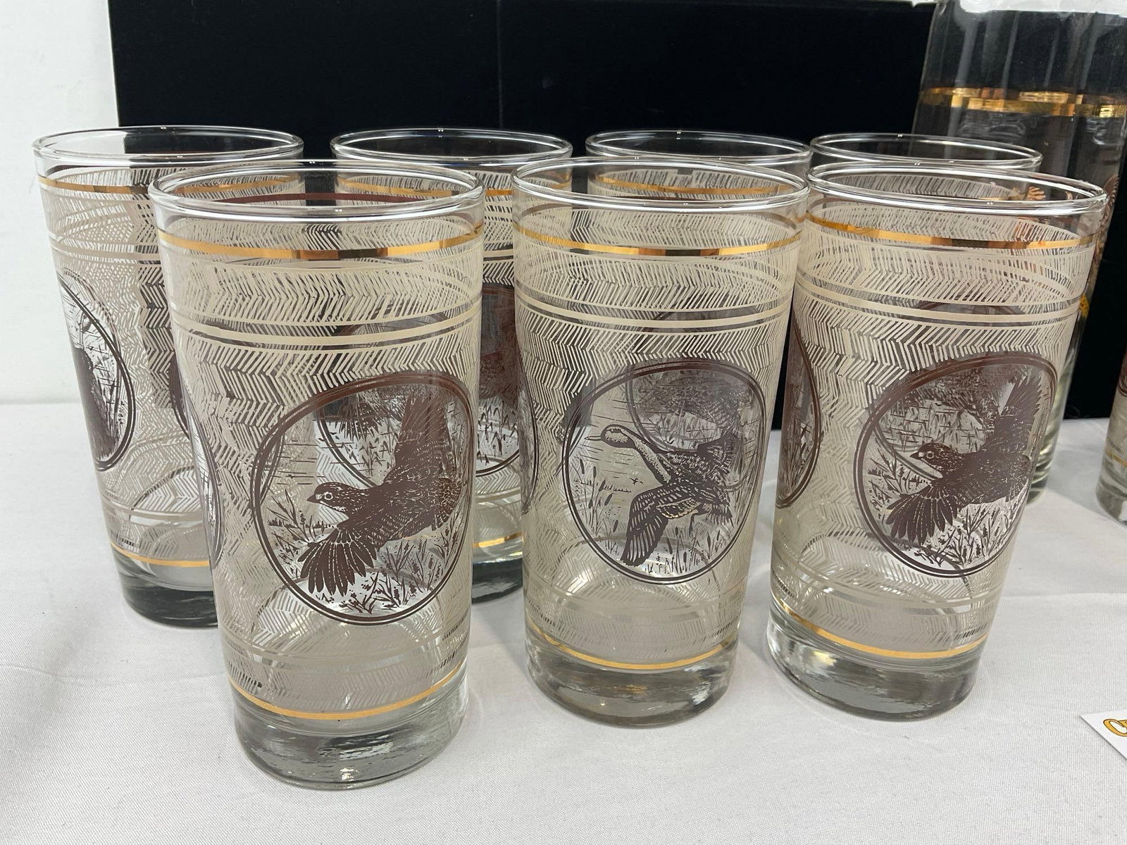 West Virginia Martini Mixer Glass Carafe & 15 Libbey Highball Glasses w/Game Bird Designs - 2
