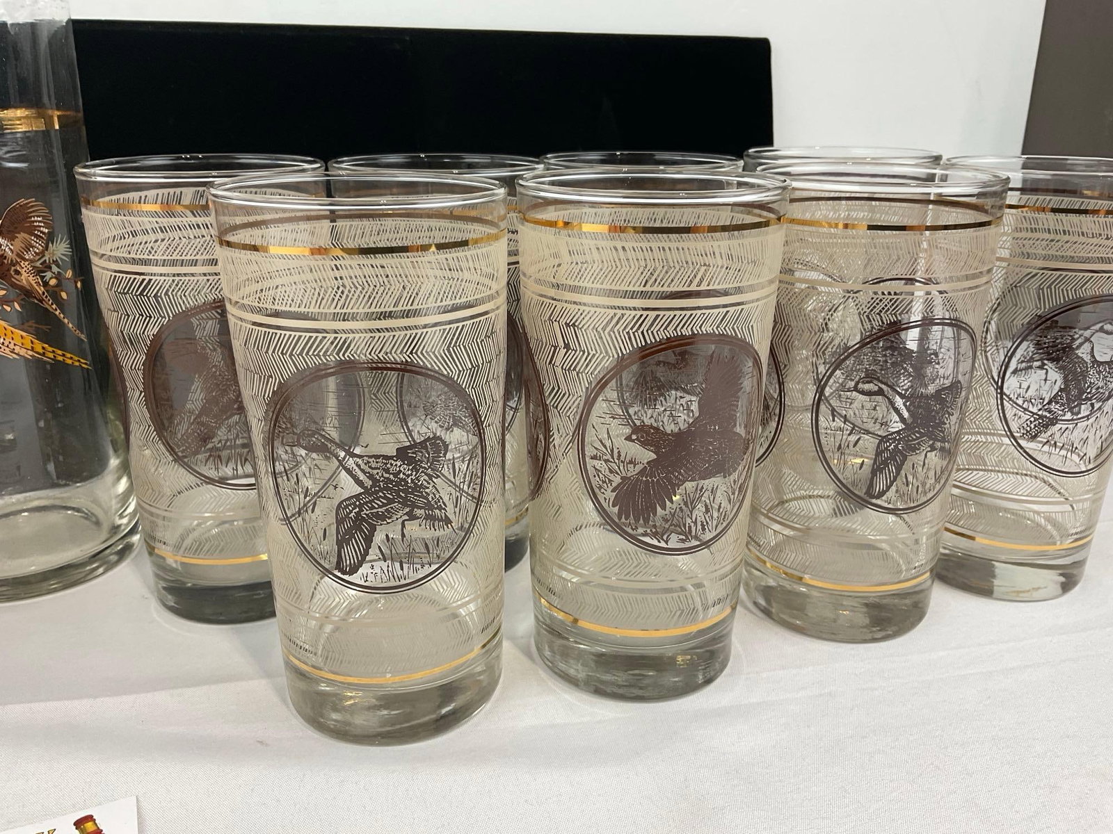 West Virginia Martini Mixer Glass Carafe & 15 Libbey Highball Glasses w/Game Bird Designs - 3