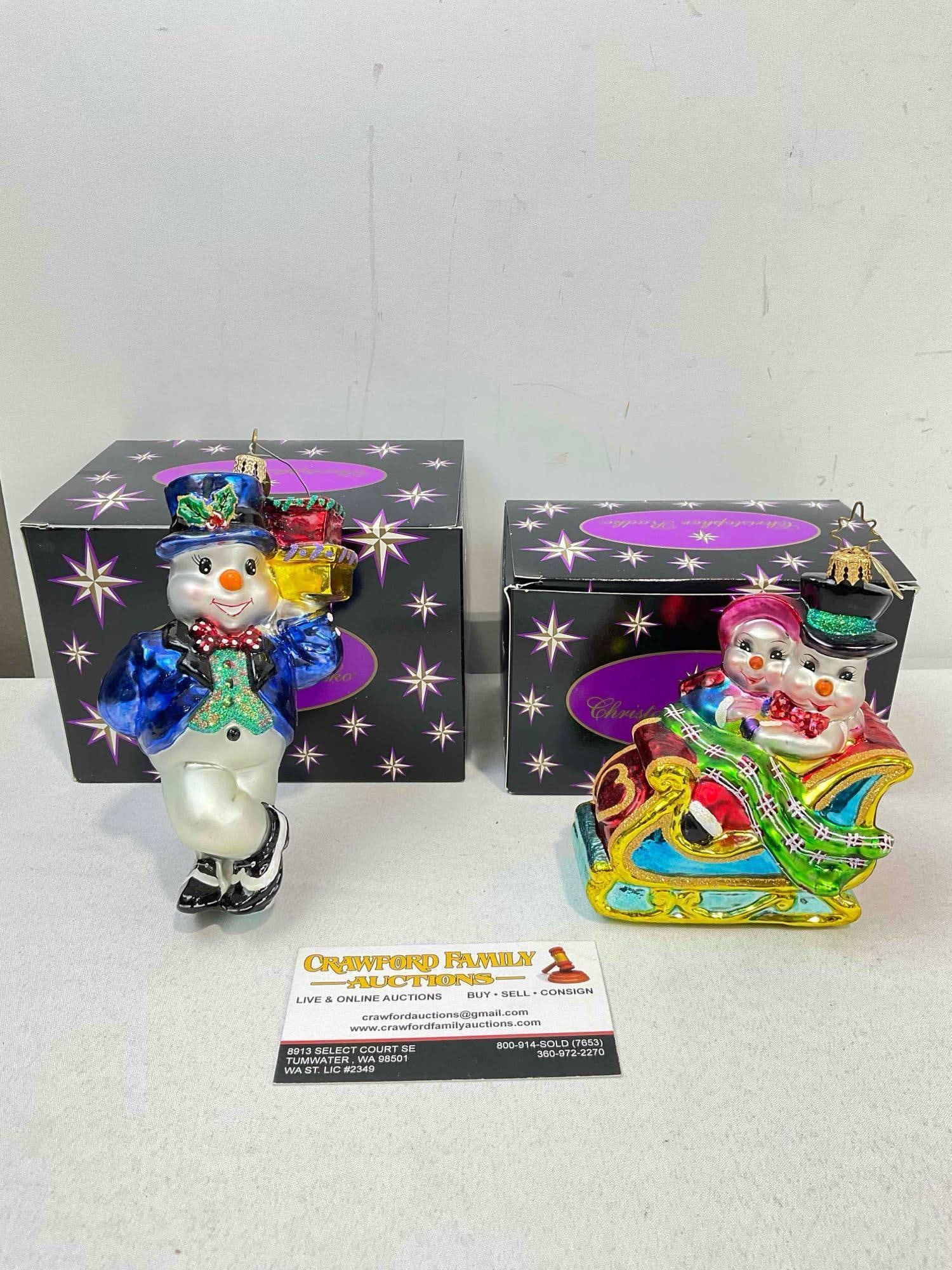 2 pcs Christopher RADKO Blown Glass Snowman Christmas Tree Ornaments w/ Boxes.: 2 pcs Christopher RADKO Blown Glass Snowman Christmas Tree Ornaments w/ Boxes, 1x 100 Years Nordstrom. Boxes may not be original to the ornaments. No chips or cracks, Look to photos for condition. Mea