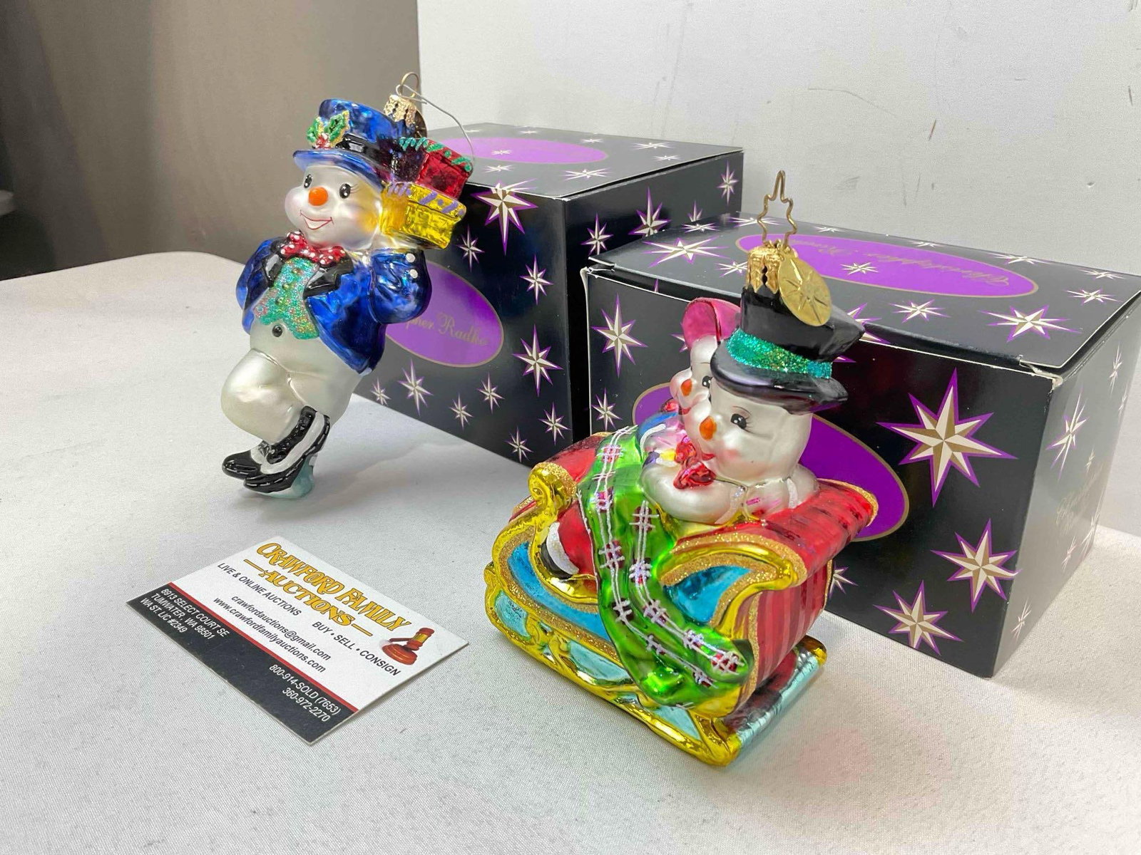2 pcs Christopher RADKO Blown Glass Snowman Christmas Tree Ornaments w/ Boxes. - 2