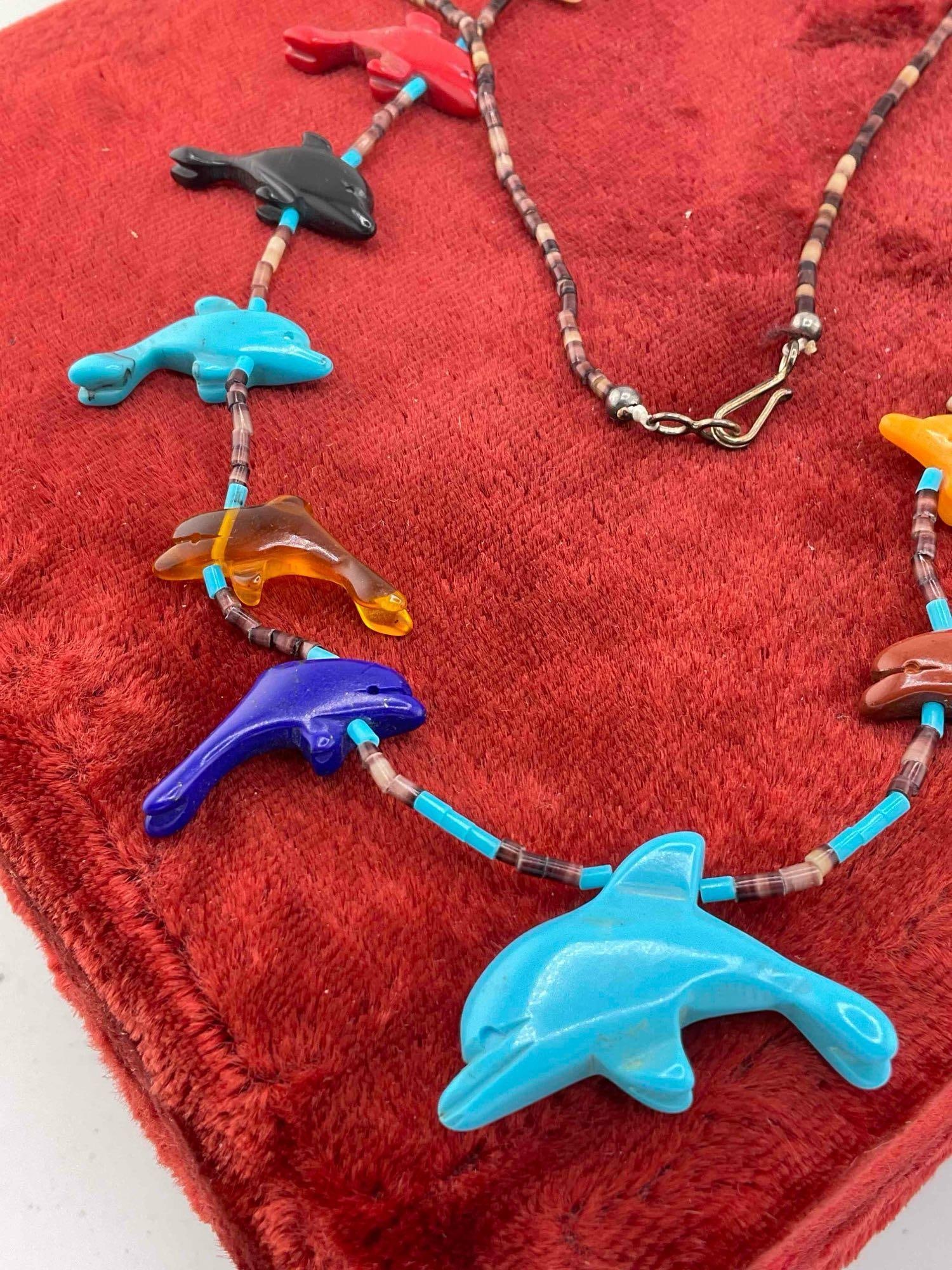 Vintage Native American Beaded Necklace w/ Multiple Carved Stone Toned Dolphin Beads. - 2