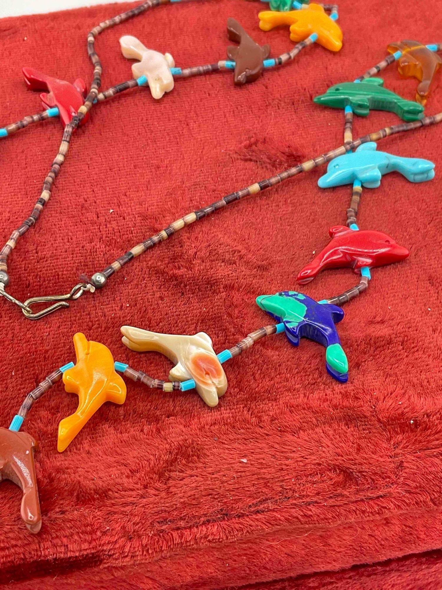 Vintage Native American Beaded Necklace w/ Multiple Carved Stone Toned Dolphin Beads. - 3