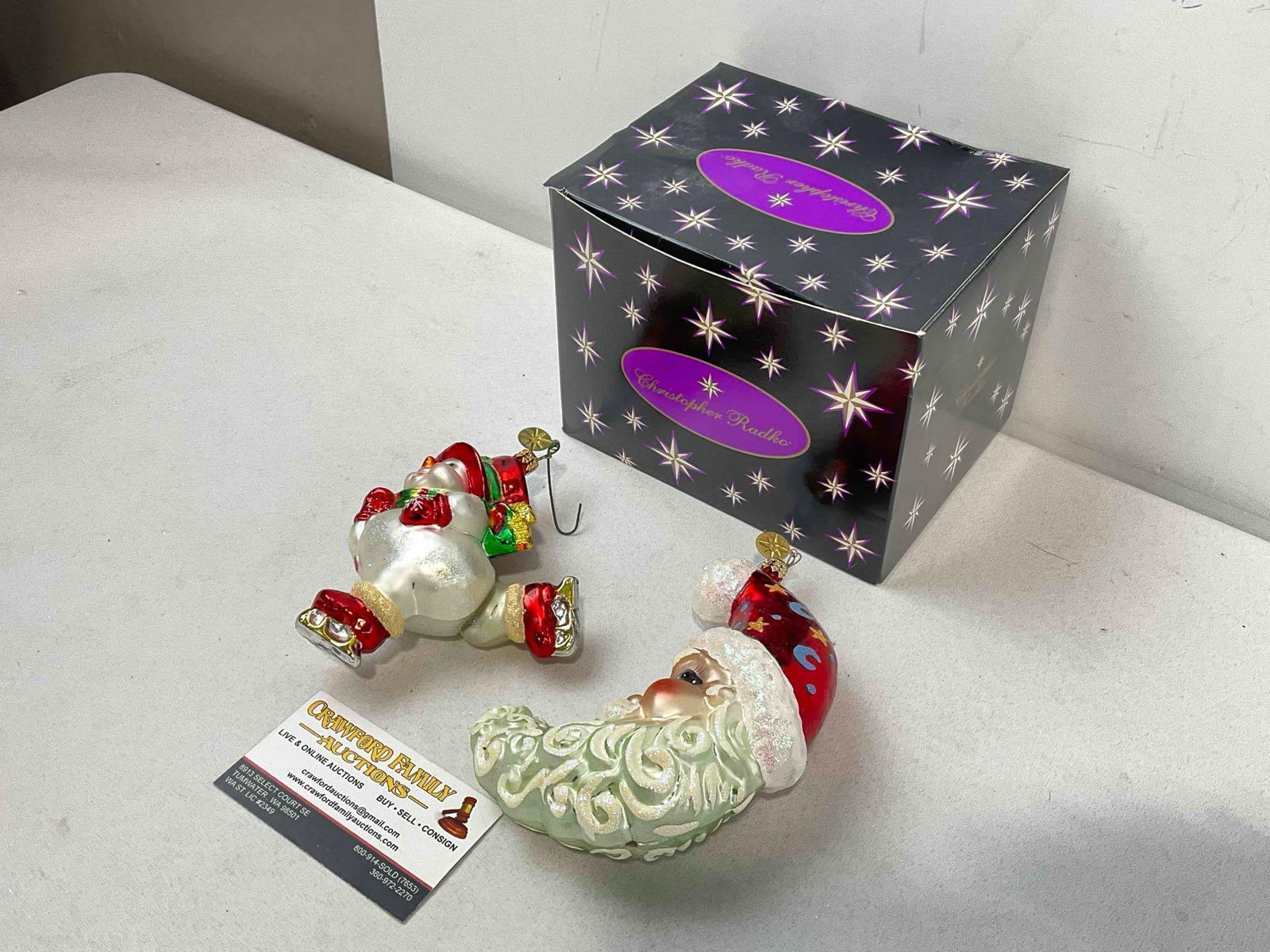 2 pcs Christopher RADKO Blown Glass Christmas Tree Ornaments w/ Box. See pics. - 2