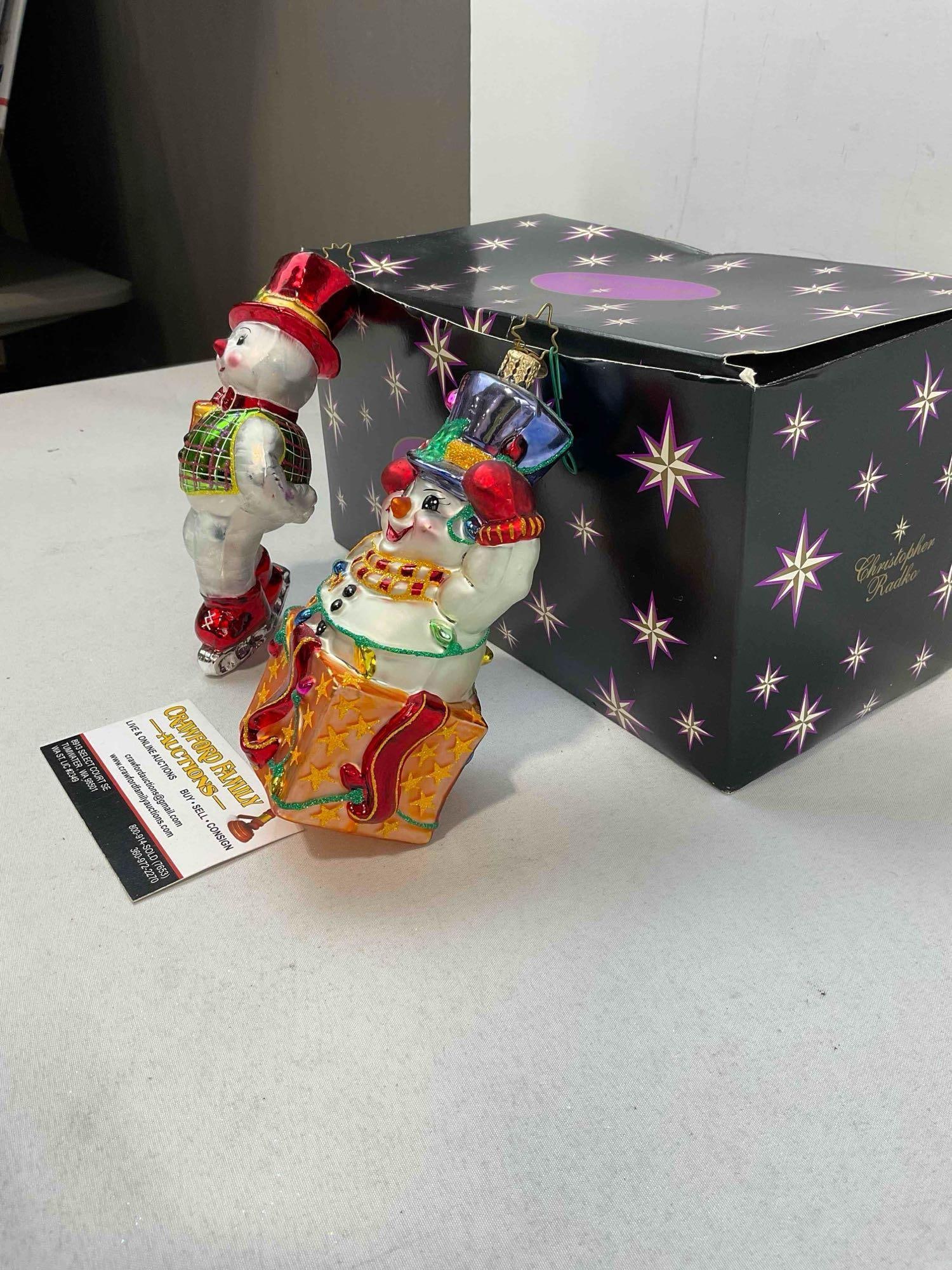 2 pcs Christopher RADKO Blown Glass Snowman Christmas Tree Ornaments w/ Box. See pics. - 2