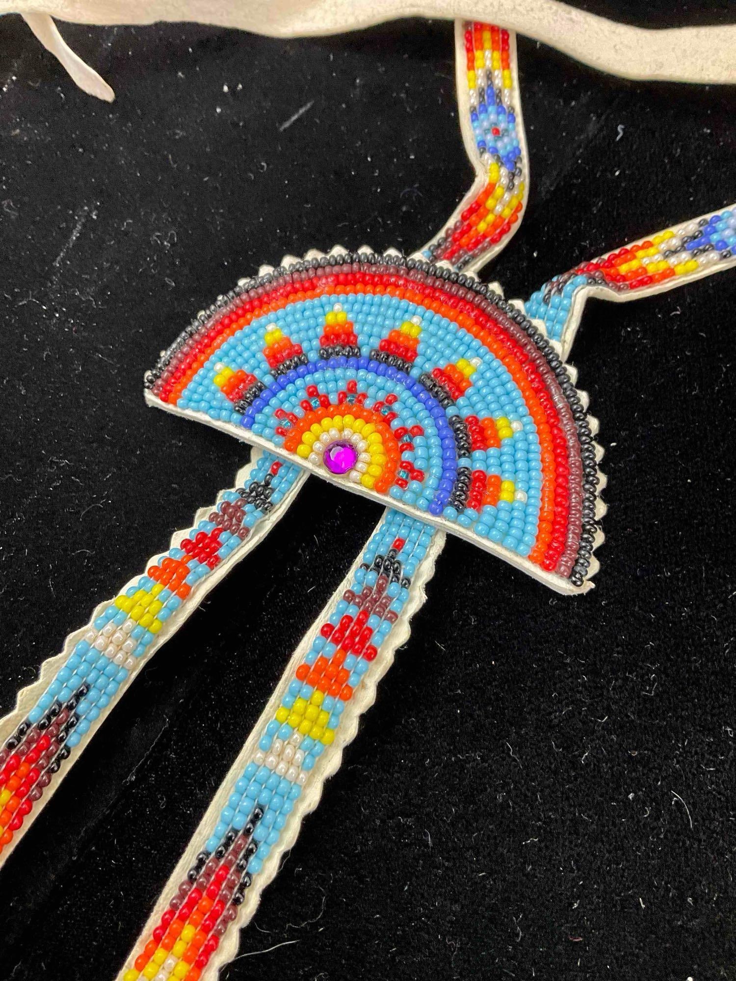 Beautiful Native American Regalia Beaded Medallion w/ Embroidered Rising Sun Motif. See pics. - 2
