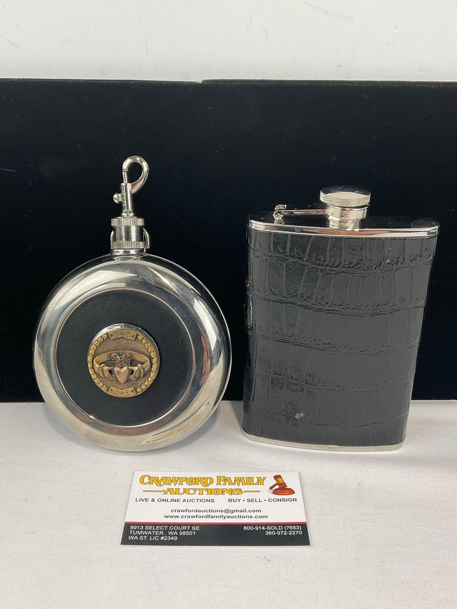 8 ounce Leather Wrapped Flask & Belt Flask with Claddagh Emblem: See pics for condition. Measures approx 8h x 5w x 4d inches. E-6420