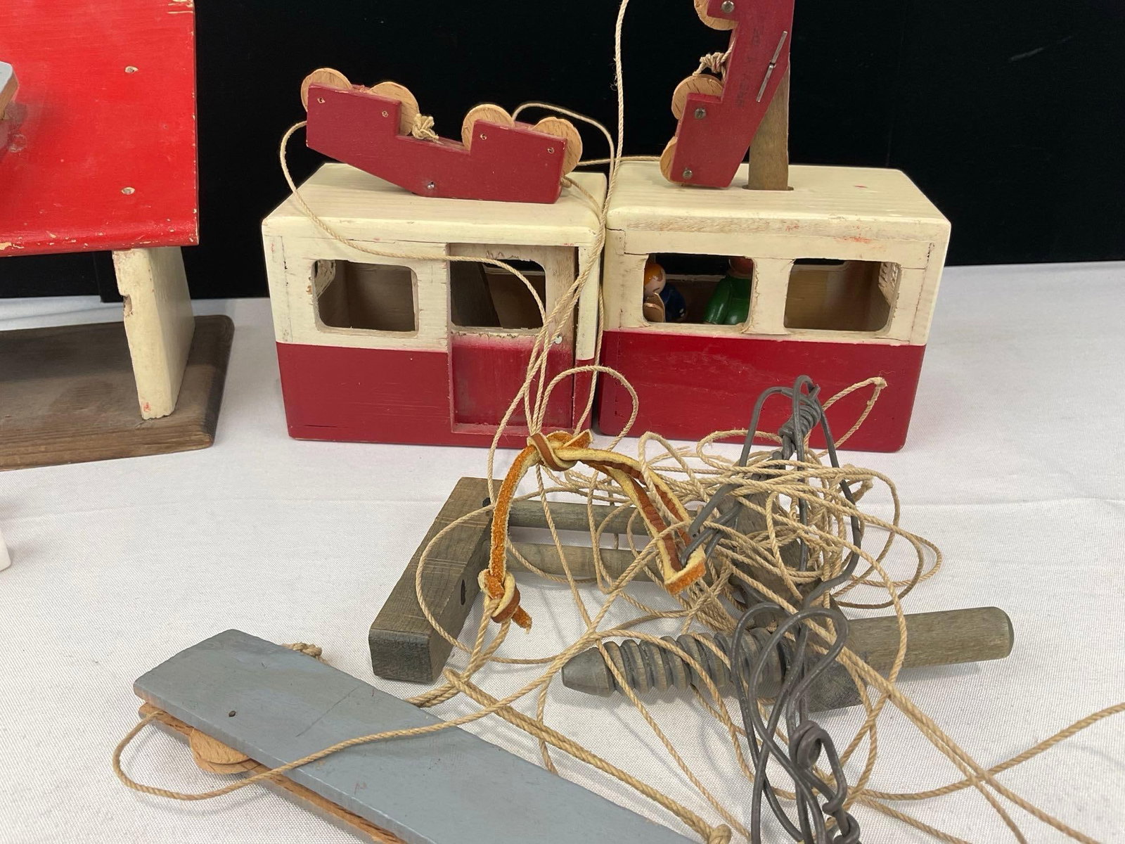Vintage German Cable Car Figures, 2 Painted Wooden Cars & base w/hand crank - 2