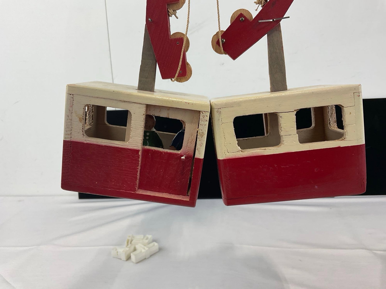 Vintage German Cable Car Figures, 2 Painted Wooden Cars & base w/hand crank - 3