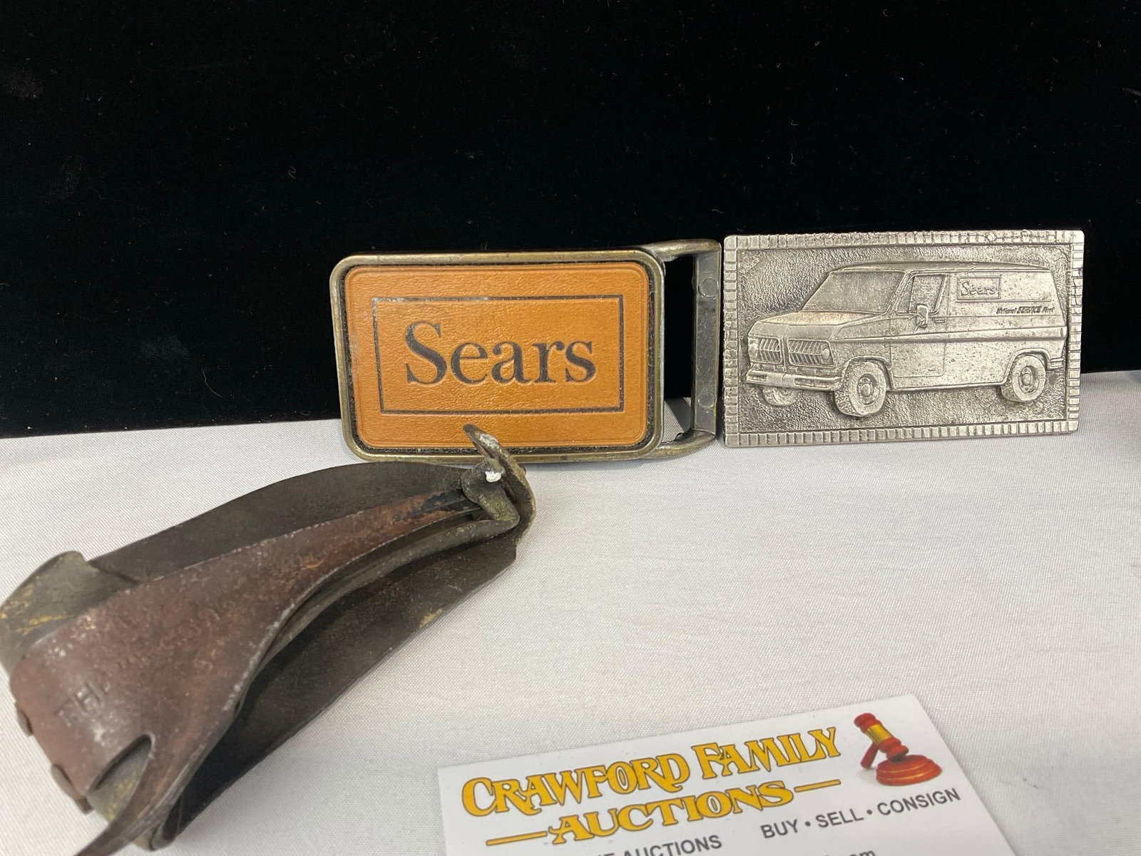Early 20th Century The Boss Hand-Held Corn Husker, 2x Sears Belt Buckles, & Morgan Leather Strop - 2