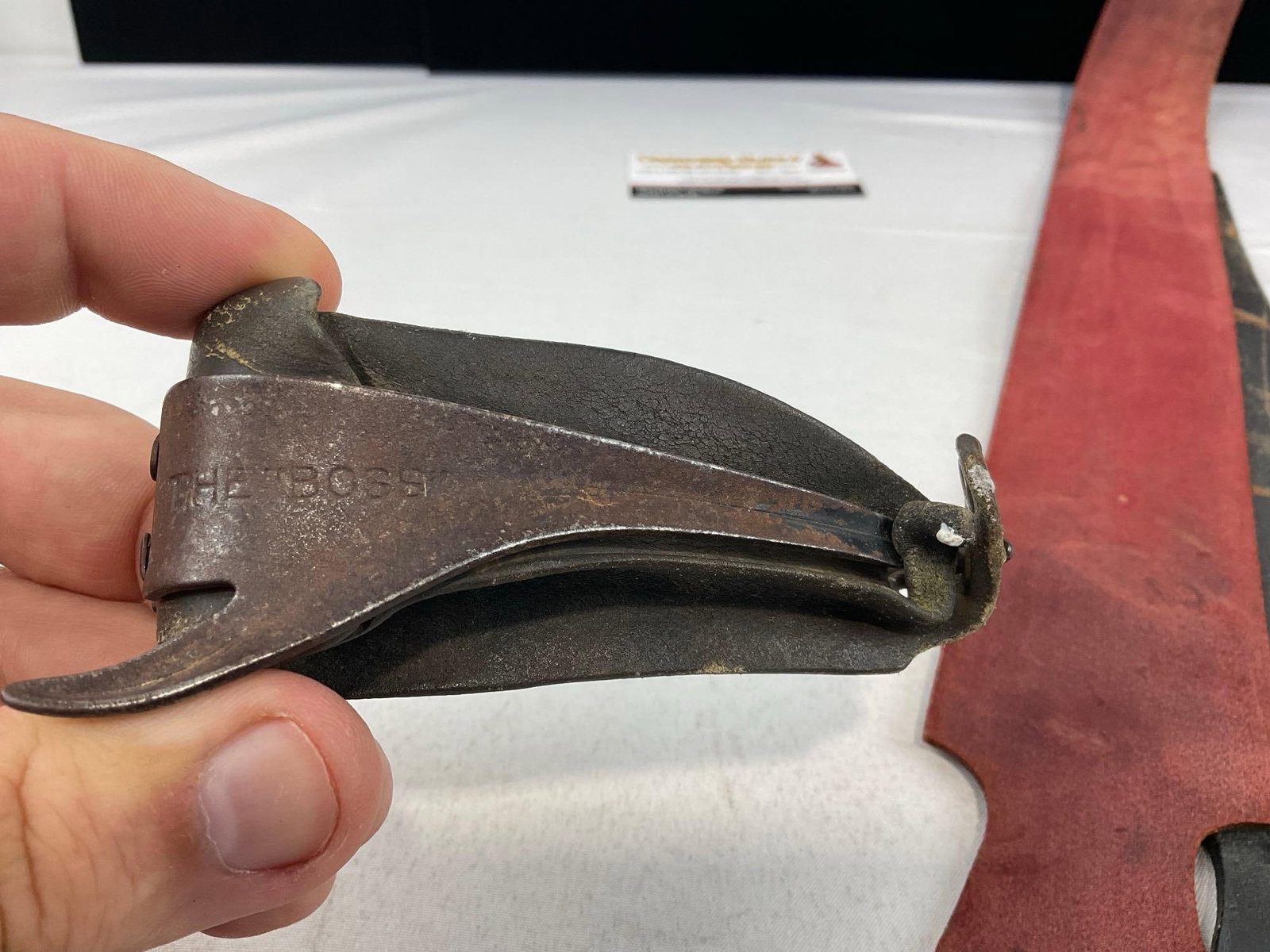 Early 20th Century The Boss Hand-Held Corn Husker, 2x Sears Belt Buckles, & Morgan Leather Strop - 4