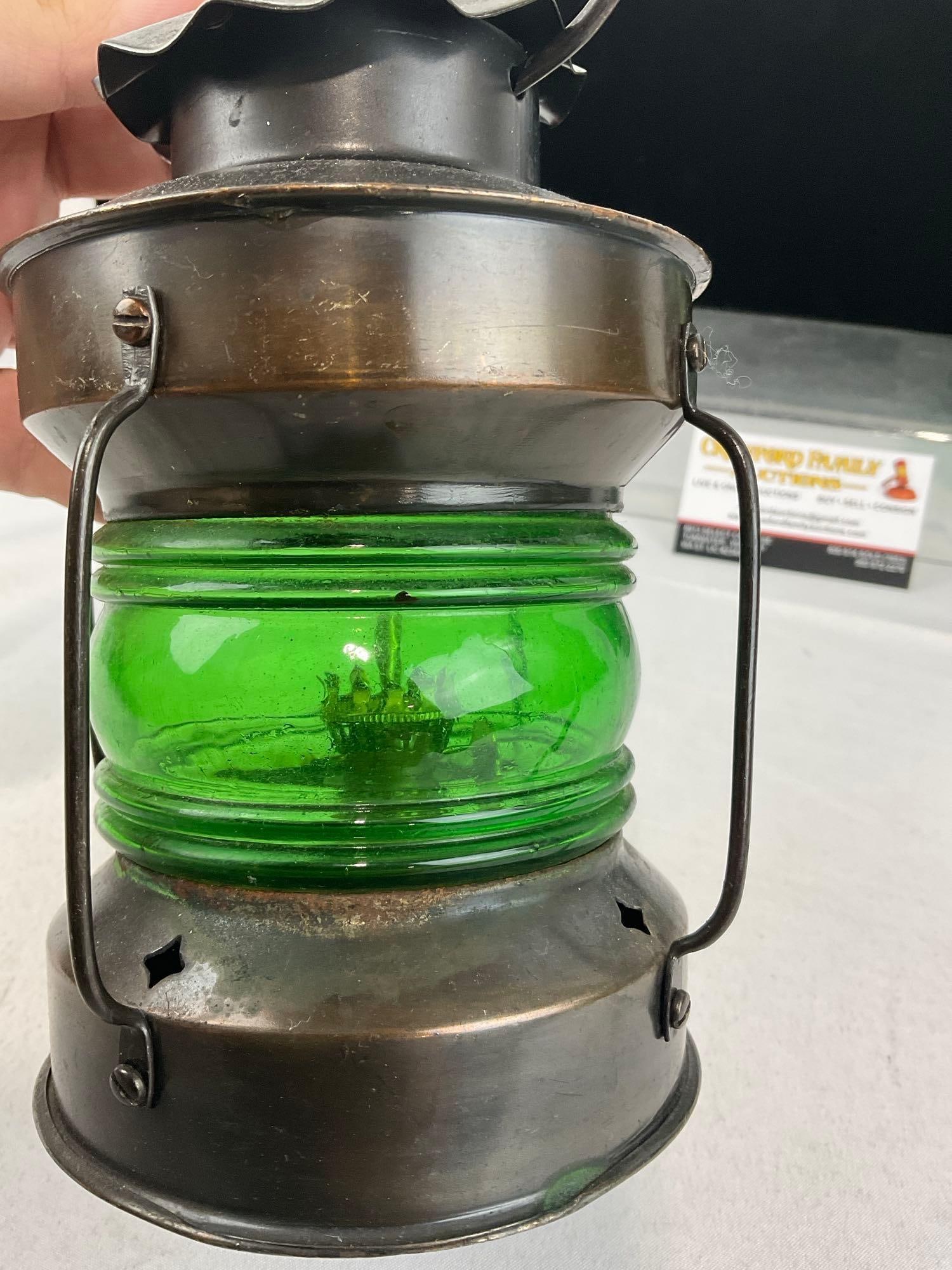 Pair of Oil Lamps, Green Glass, Vintage Style Nautical piece & Hurricane Lantern w/Chimney - 2