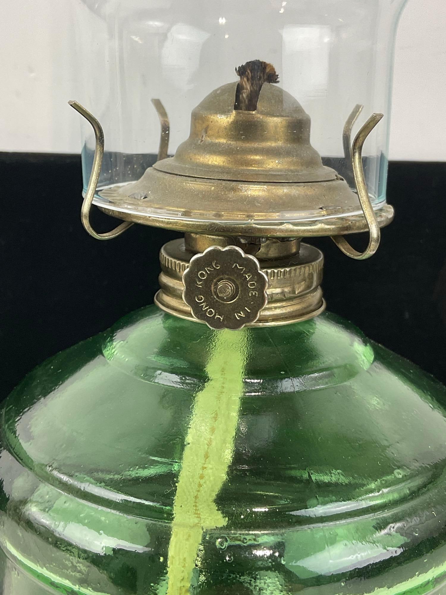 Pair of Oil Lamps, Green Glass, Vintage Style Nautical piece & Hurricane Lantern w/Chimney - 4
