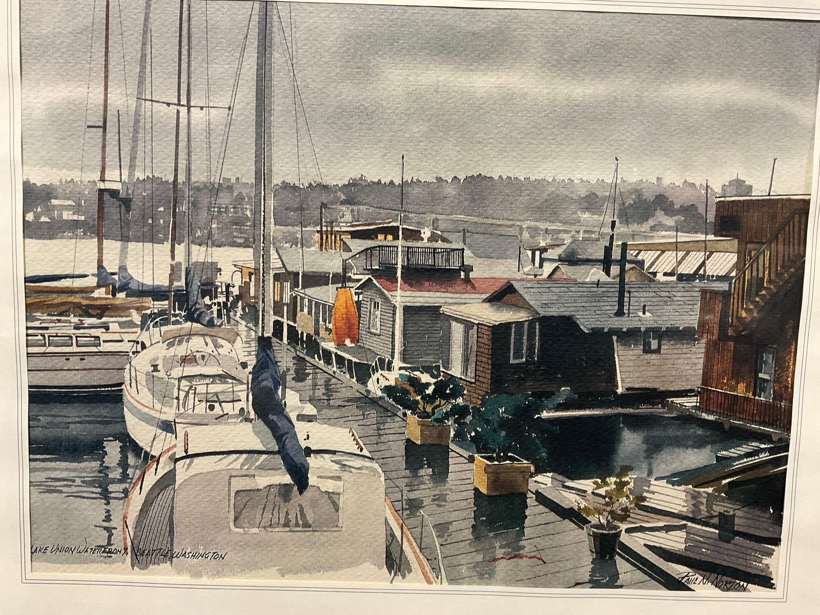 Framed Signed Watercolor Litho titled Lake Union Waterfront, Seattle Washington, by Paul N Norton - 2