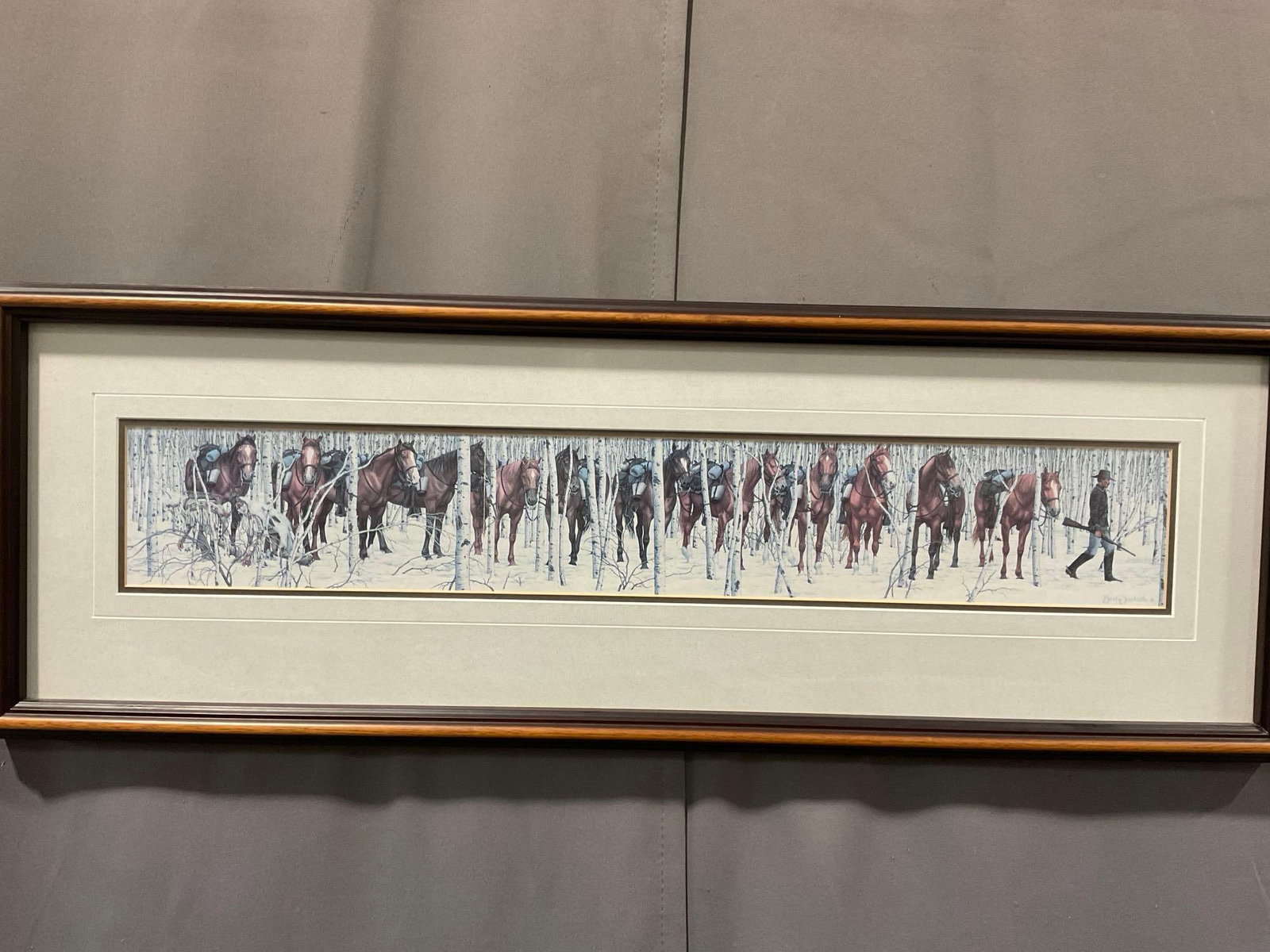 Framed Litho titled Two Indian Horses by Bev Doolittle 1985, 11x32 inches: See pics for condition. Measures approx 11h x 32w x 3d inches. E-6420