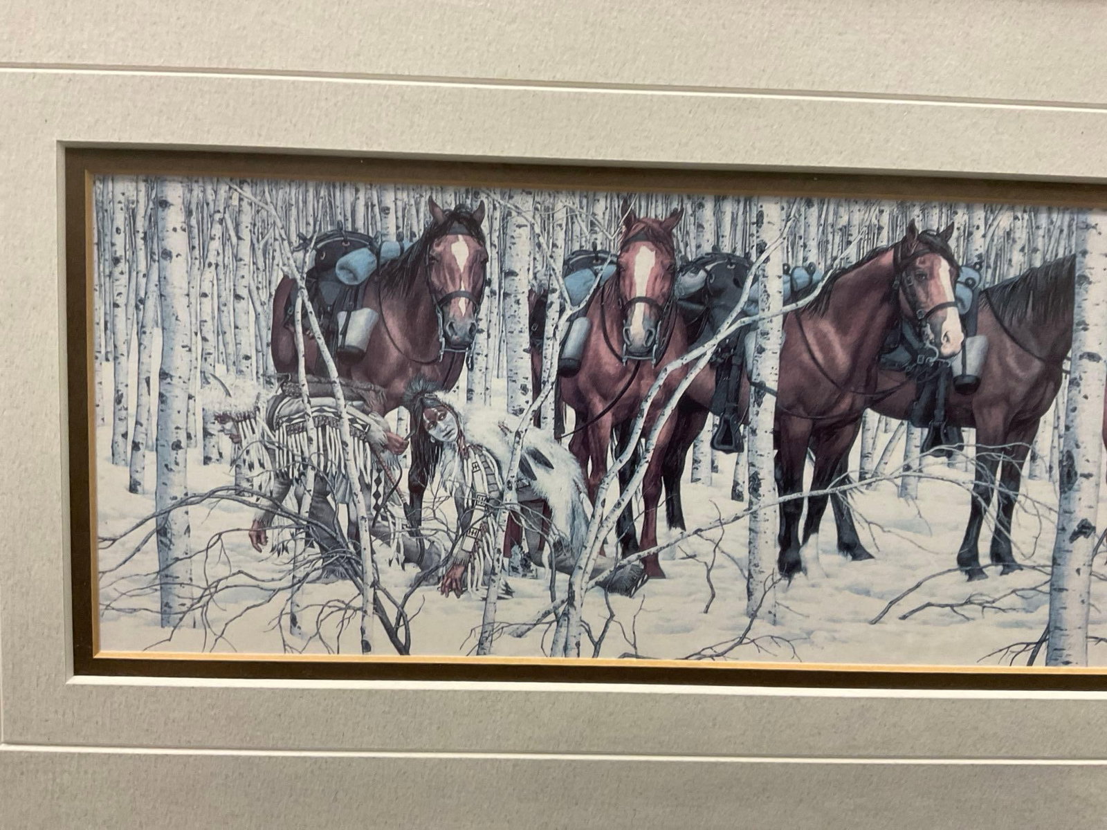 Framed Litho titled Two Indian Horses by Bev Doolittle 1985, 11x32 inches - 2