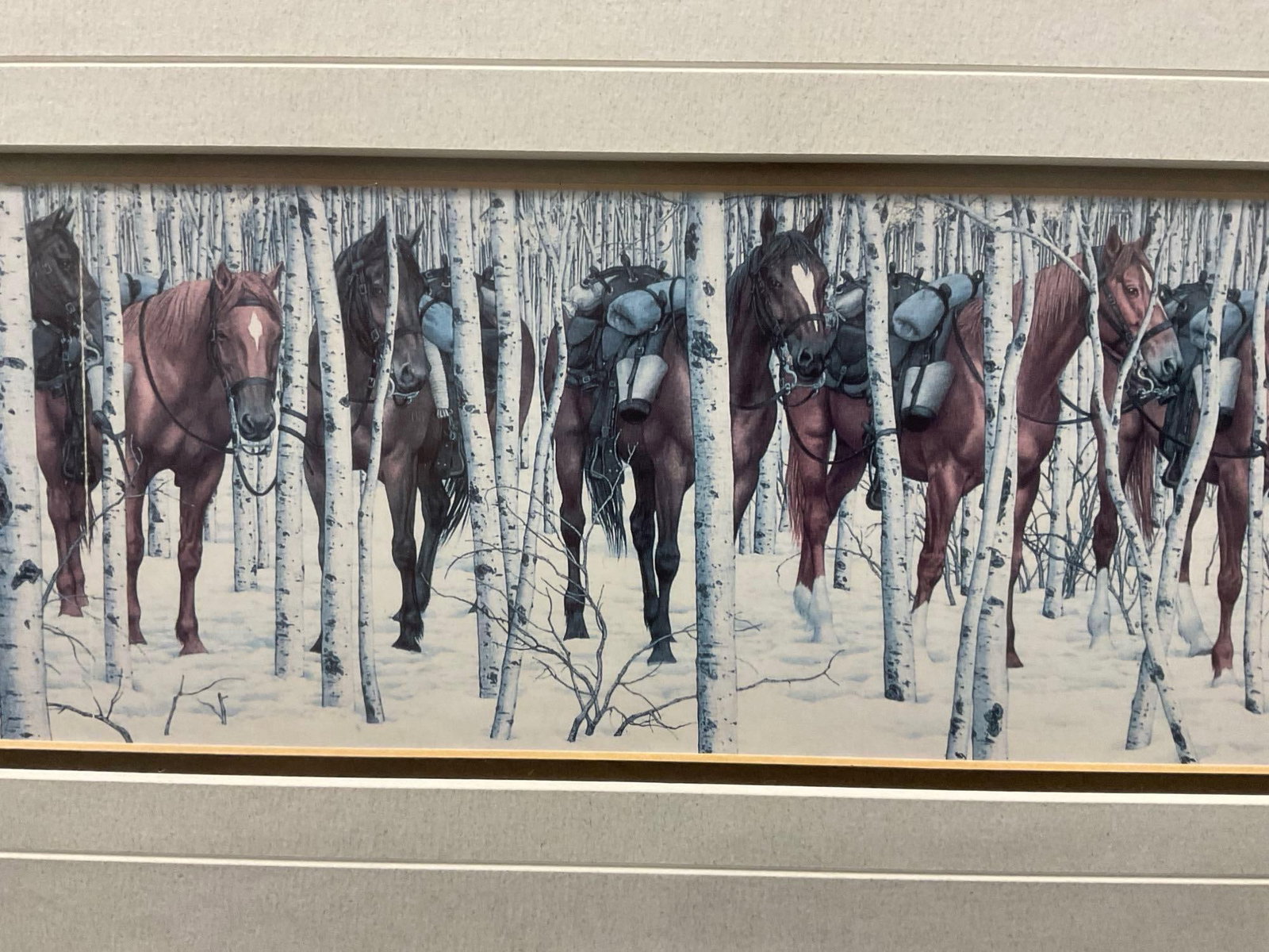 Framed Litho titled Two Indian Horses by Bev Doolittle 1985, 11x32 inches - 3