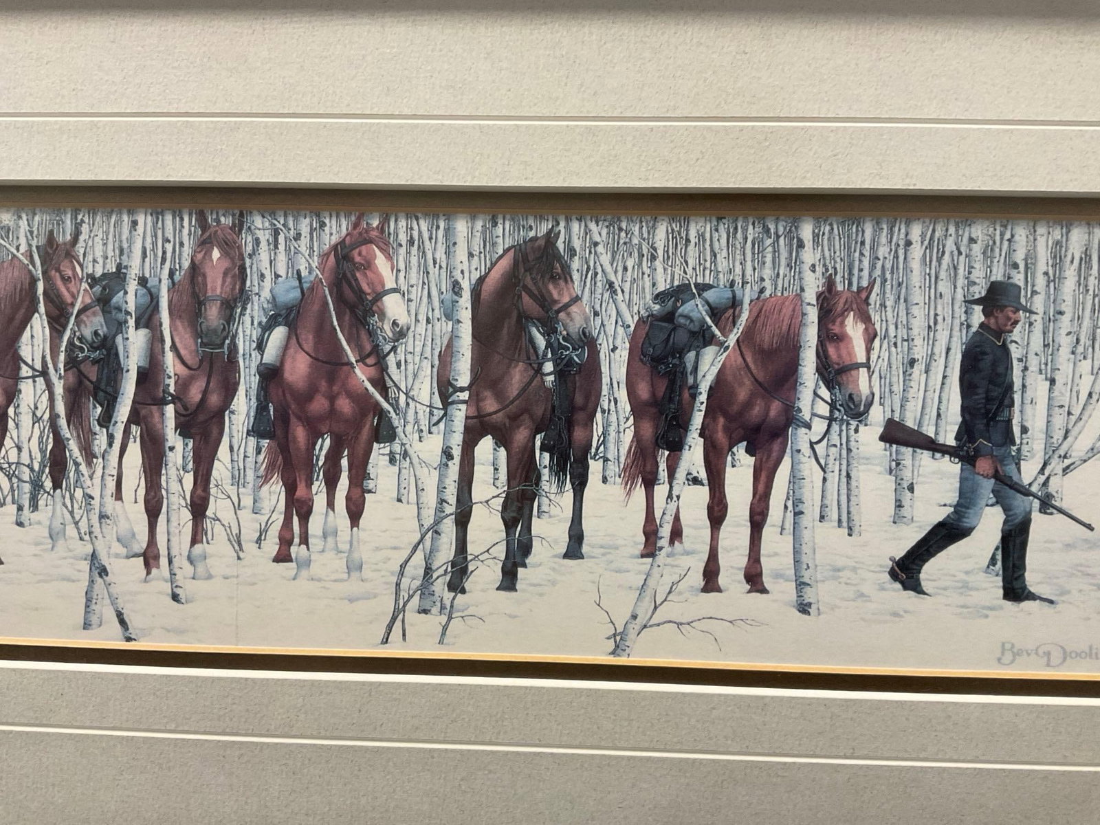 Framed Litho titled Two Indian Horses by Bev Doolittle 1985, 11x32 inches - 4