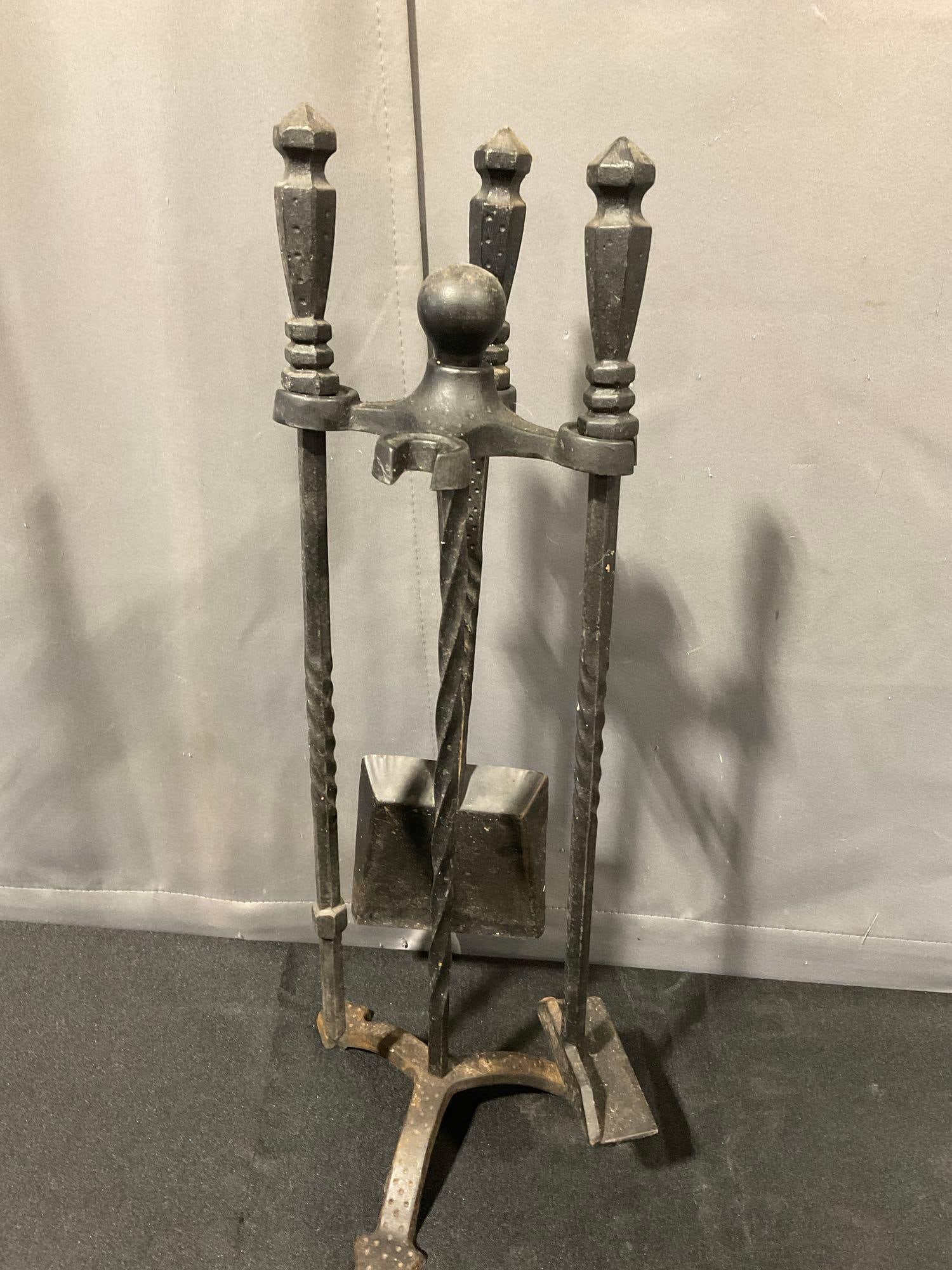 Cast Metal Fire Tools, Shovel, Scraper, & Poker, w/stand: Missing one piece. See pics for condition. Measures approx 22h x 9w x 9d inches. E-6690