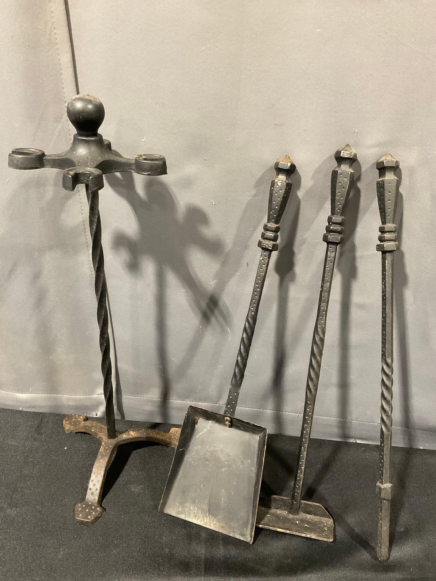 Cast Metal Fire Tools, Shovel, Scraper, & Poker, w/stand - 2