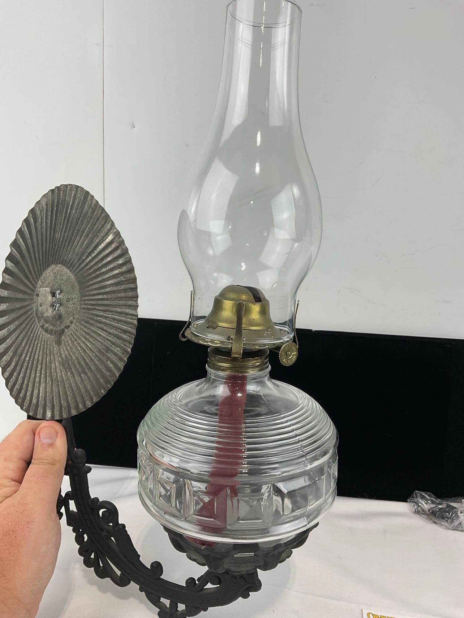 Vintage Oil Lamp w/Cast Iron Bracket & Reflector - 2