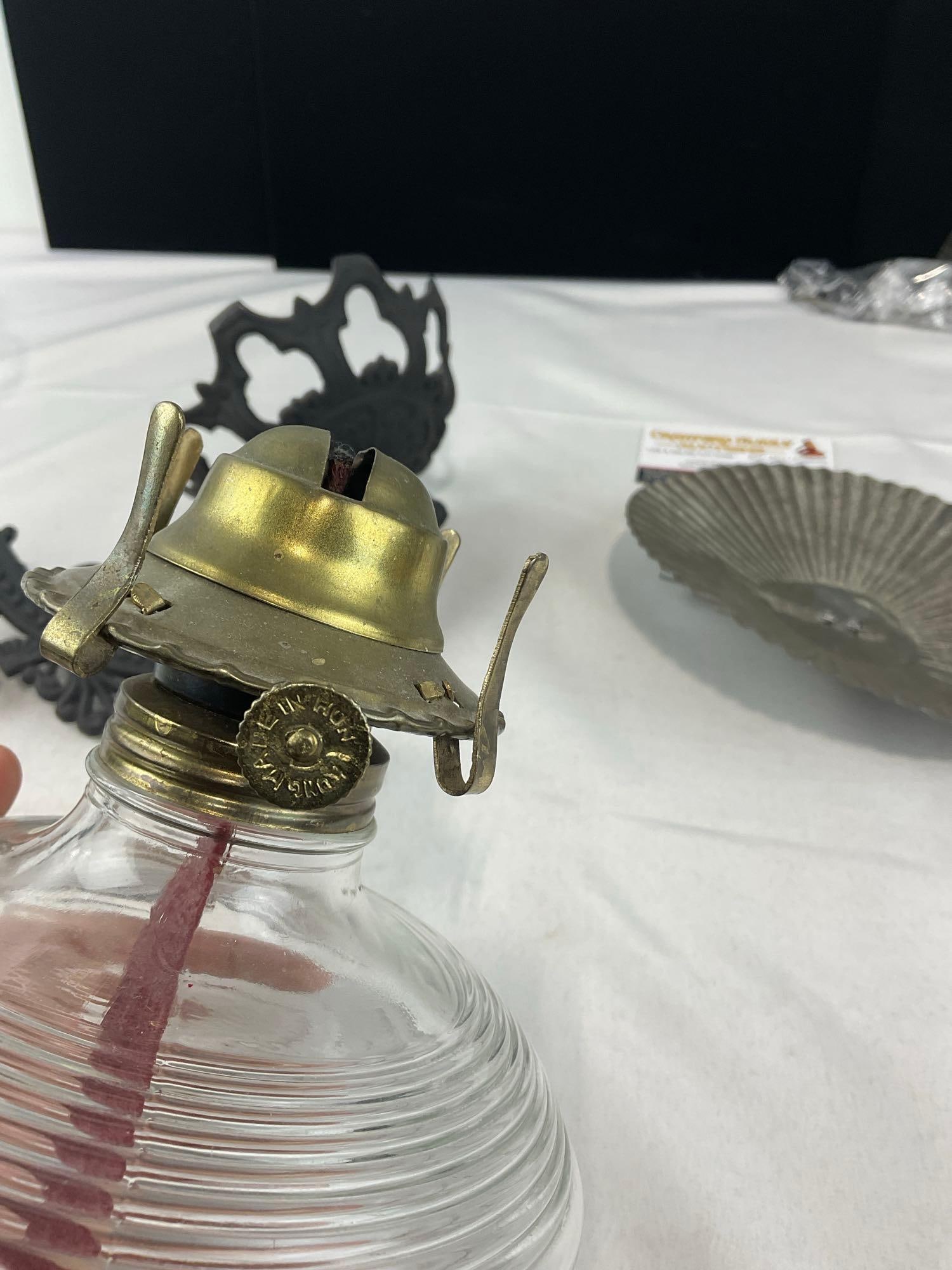 Vintage Oil Lamp w/Cast Iron Bracket & Reflector - 3