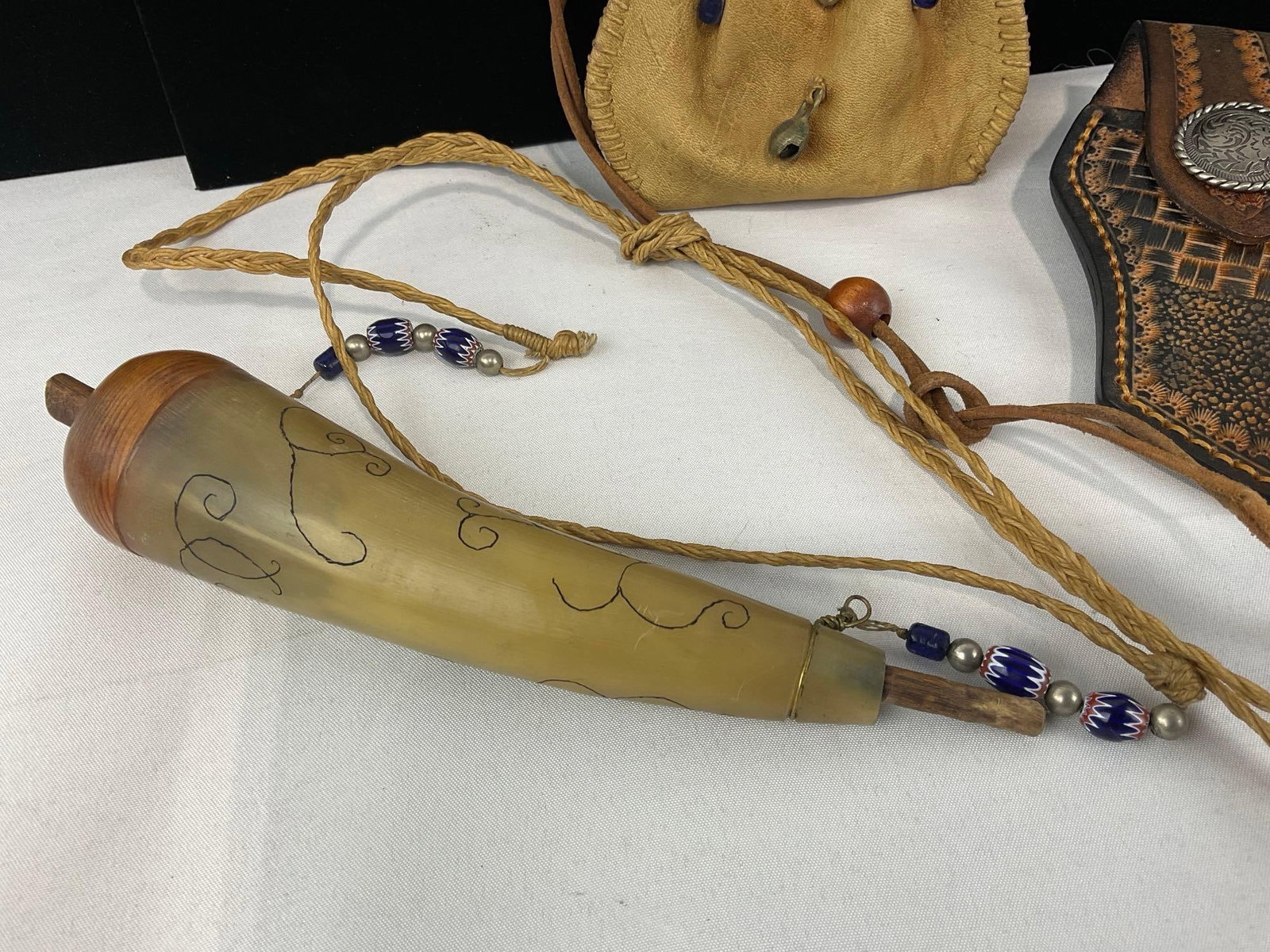 2x Leather Holsters, Shot Purse Drawstring & Horn Powder w/handmade glass beads - 2