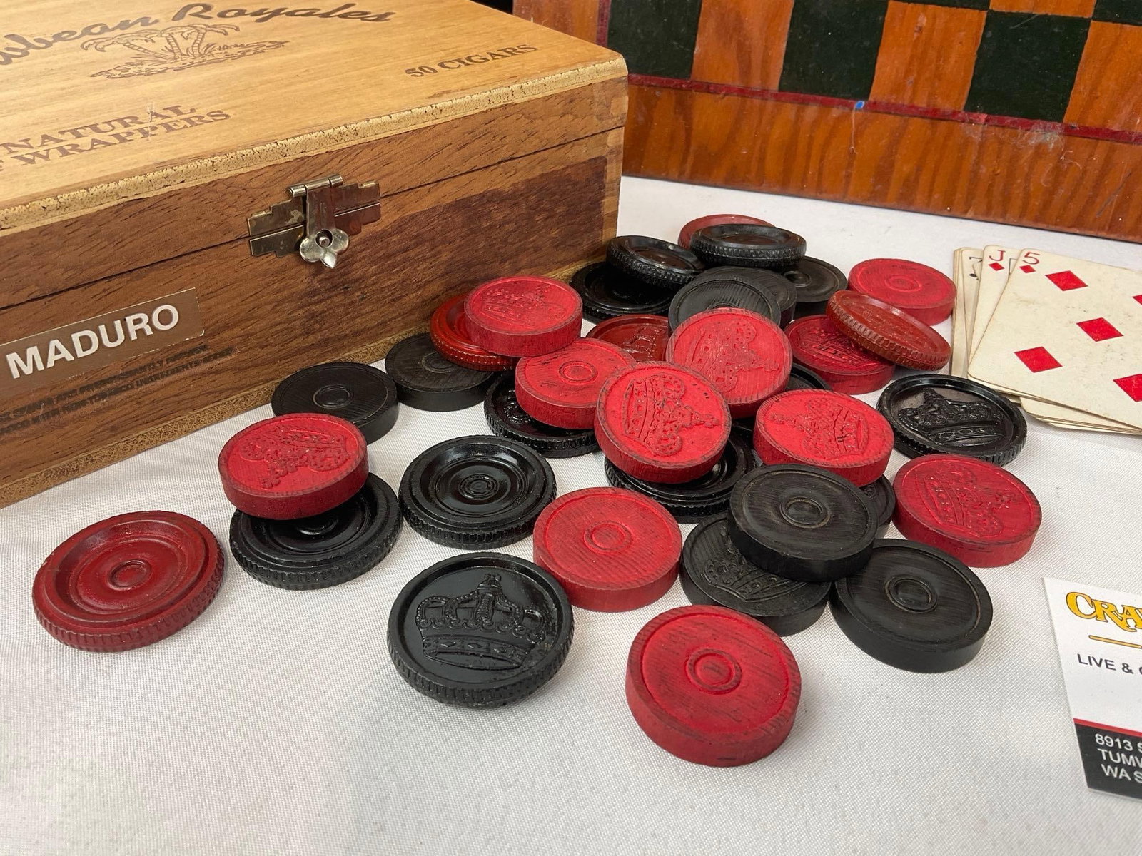 Vintage 1930s Checkers Board 10x10, w/Checkers, Pla-Mor Playing Cards & Cigar box - 2