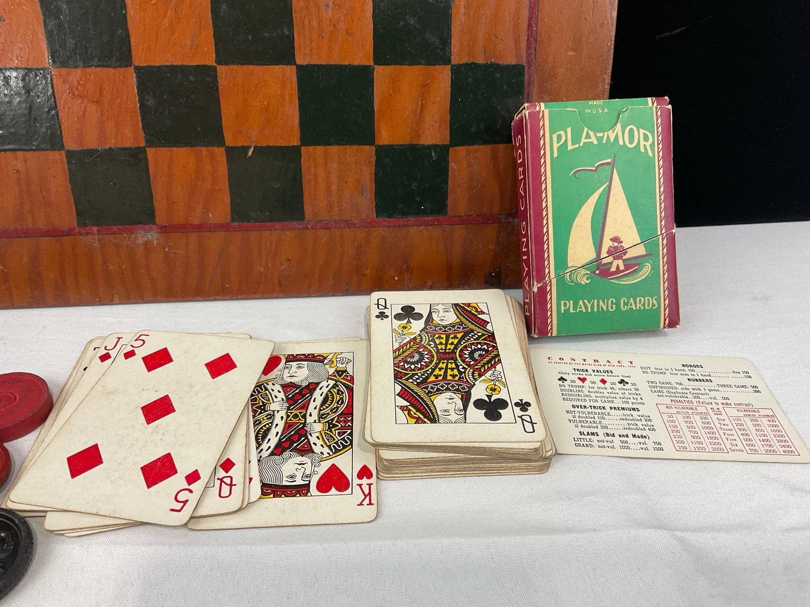 Vintage 1930s Checkers Board 10x10, w/Checkers, Pla-Mor Playing Cards & Cigar box - 3