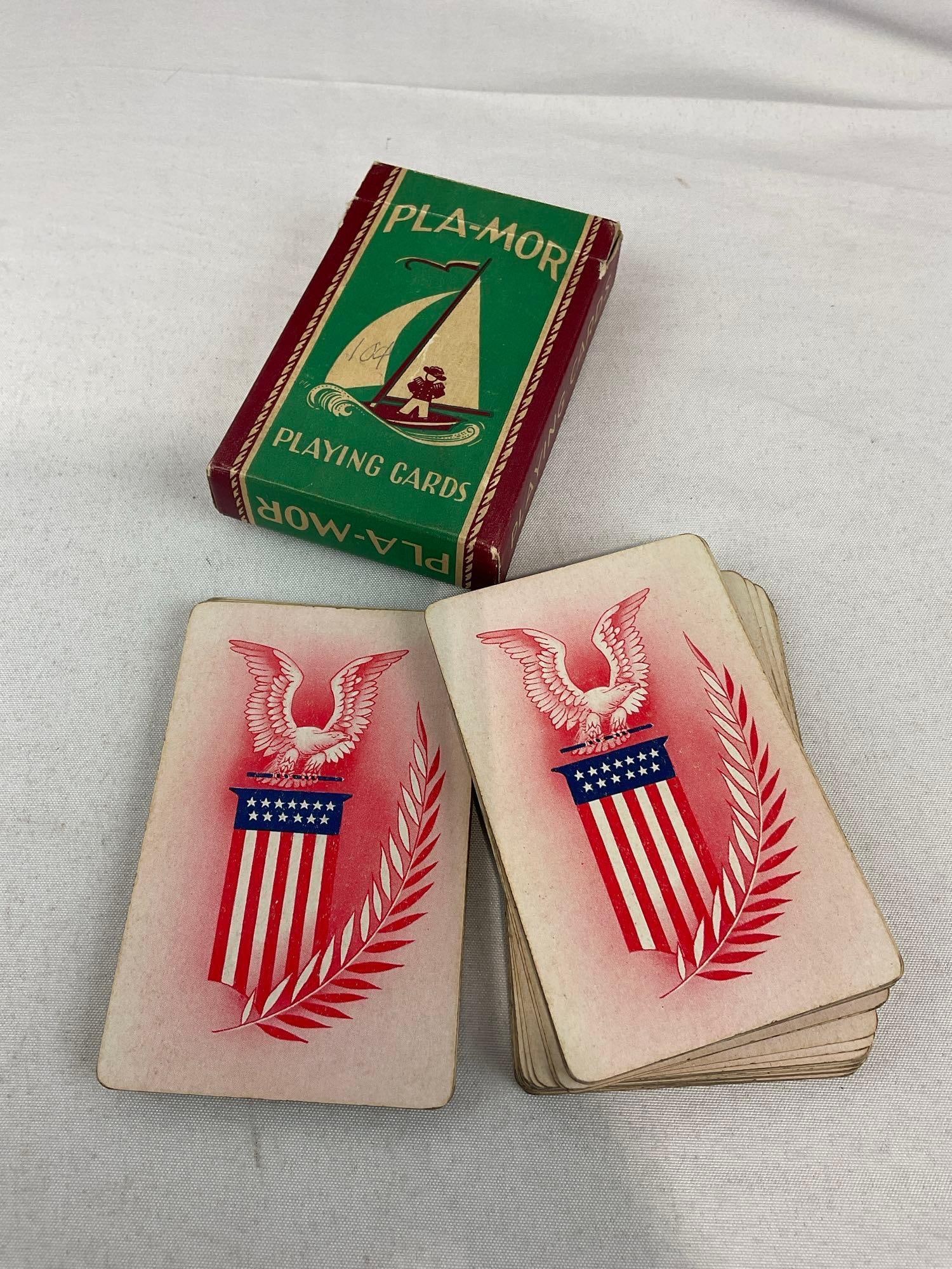Vintage 1930s Checkers Board 10x10, w/Checkers, Pla-Mor Playing Cards & Cigar box - 5