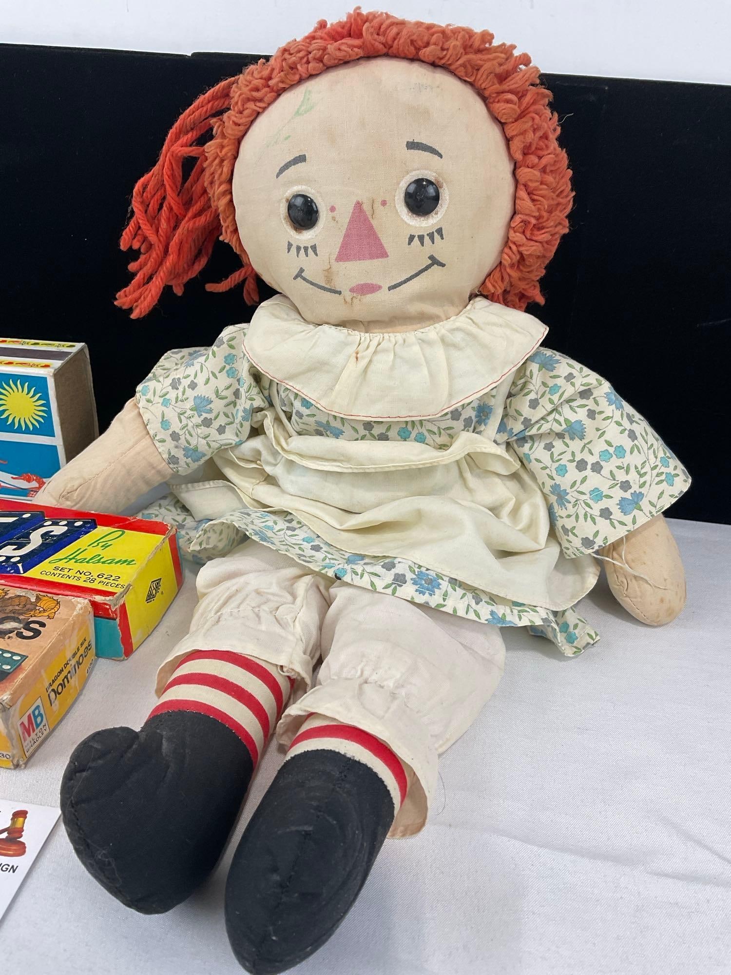 2 Sets of Dominoes by Halsam, Milton Bradley, Raggedy Ann Doll & Antique Nails w/old matches box - 3