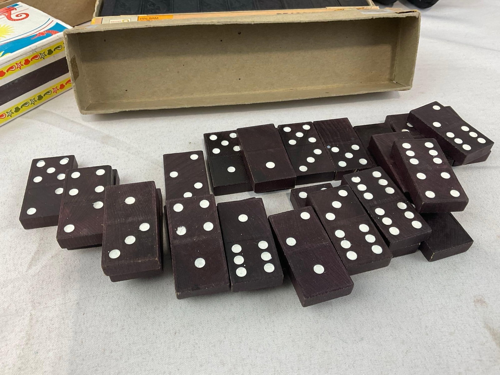 2 Sets of Dominoes by Halsam, Milton Bradley, Raggedy Ann Doll & Antique Nails w/old matches box - 5