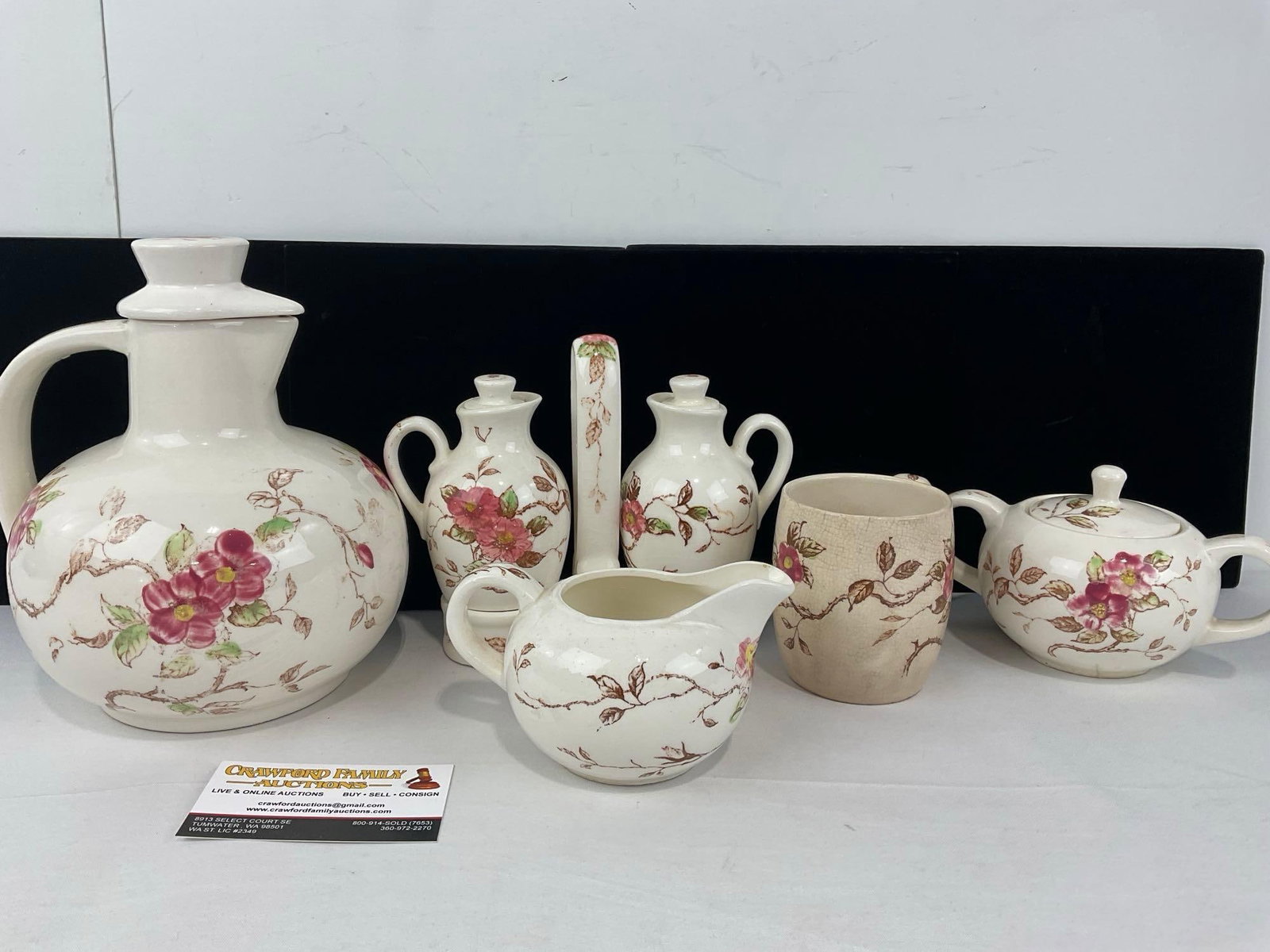 Vintage Nasco Springtime China, Teapot w/lid, 2 Ewers w/Cruet, Mug, Creamer & Sugar Bowl w/lid: Some crazing, and some slight imperfections. See pics for condition. Measures approx 9h x 13w x 13d inches. E-6420