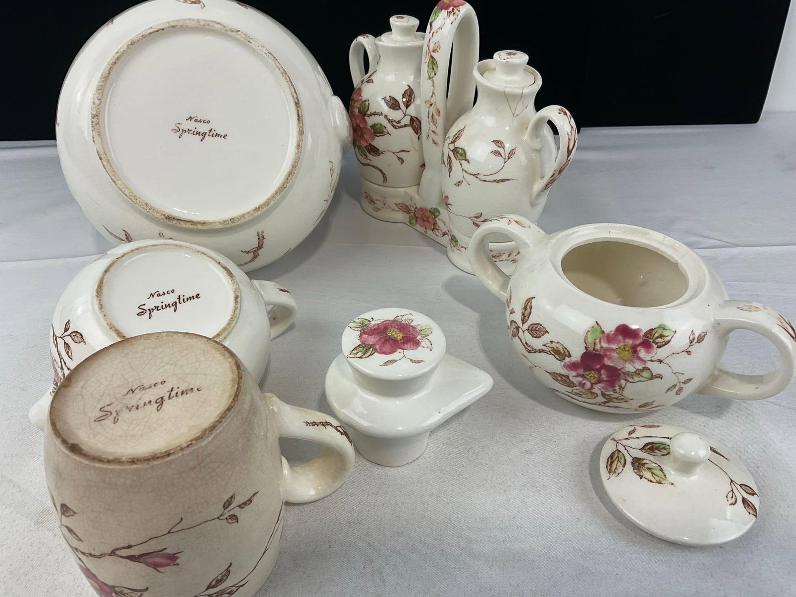 Vintage Nasco Springtime China, Teapot w/lid, 2 Ewers w/Cruet, Mug, Creamer & Sugar Bowl w/lid - 4