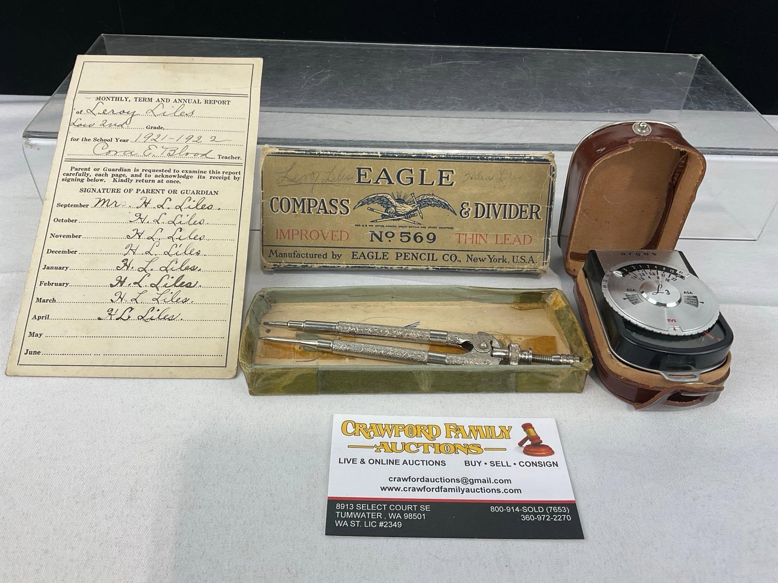 Antique Eagle Compass w/Box, Grade School Eval pamphlet, Argus Light Meter, w/leather case: See pics for condition. Measures approx 3h x 8w x 5d inches. E-6420