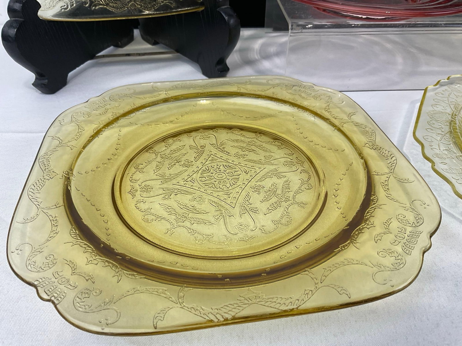 Antique Pressed Glass Plates & Bowls, some wear, 1 pink & 6 Yellow Depression Glass - 2