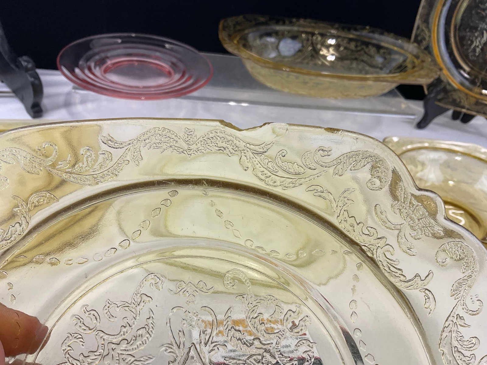 Antique Pressed Glass Plates & Bowls, some wear, 1 pink & 6 Yellow Depression Glass - 5
