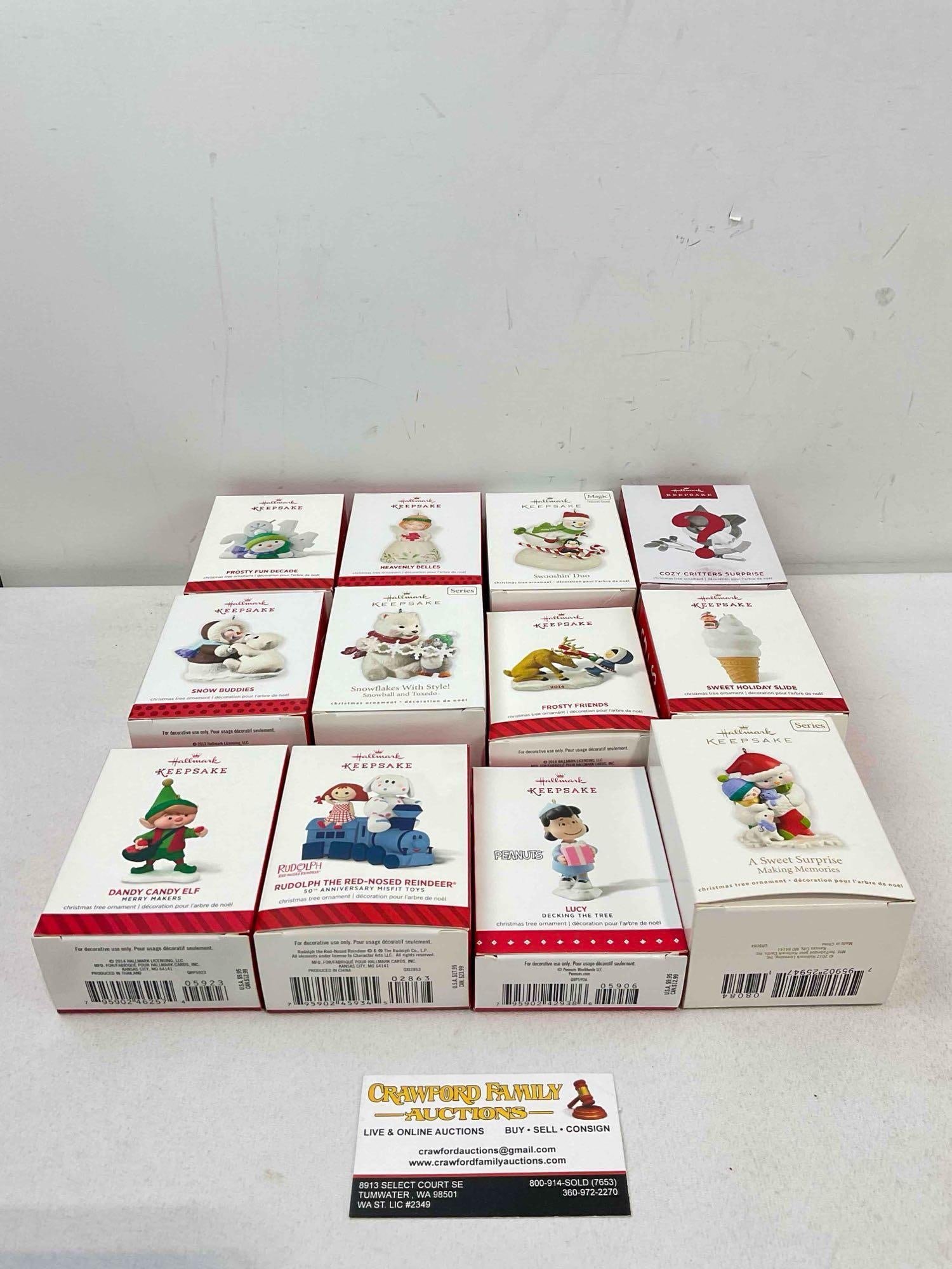 12 pcs Hallmark Keepsake Christmas Tree Ornaments in Original Boxes. See pics.: 12 pcs Hallmark Keepsake Christmas Tree Ornaments in Original Boxes. Average price is $12, over $140 MSRP value! Minor wear indicative of age and use, look to photos for condition. Fits in box