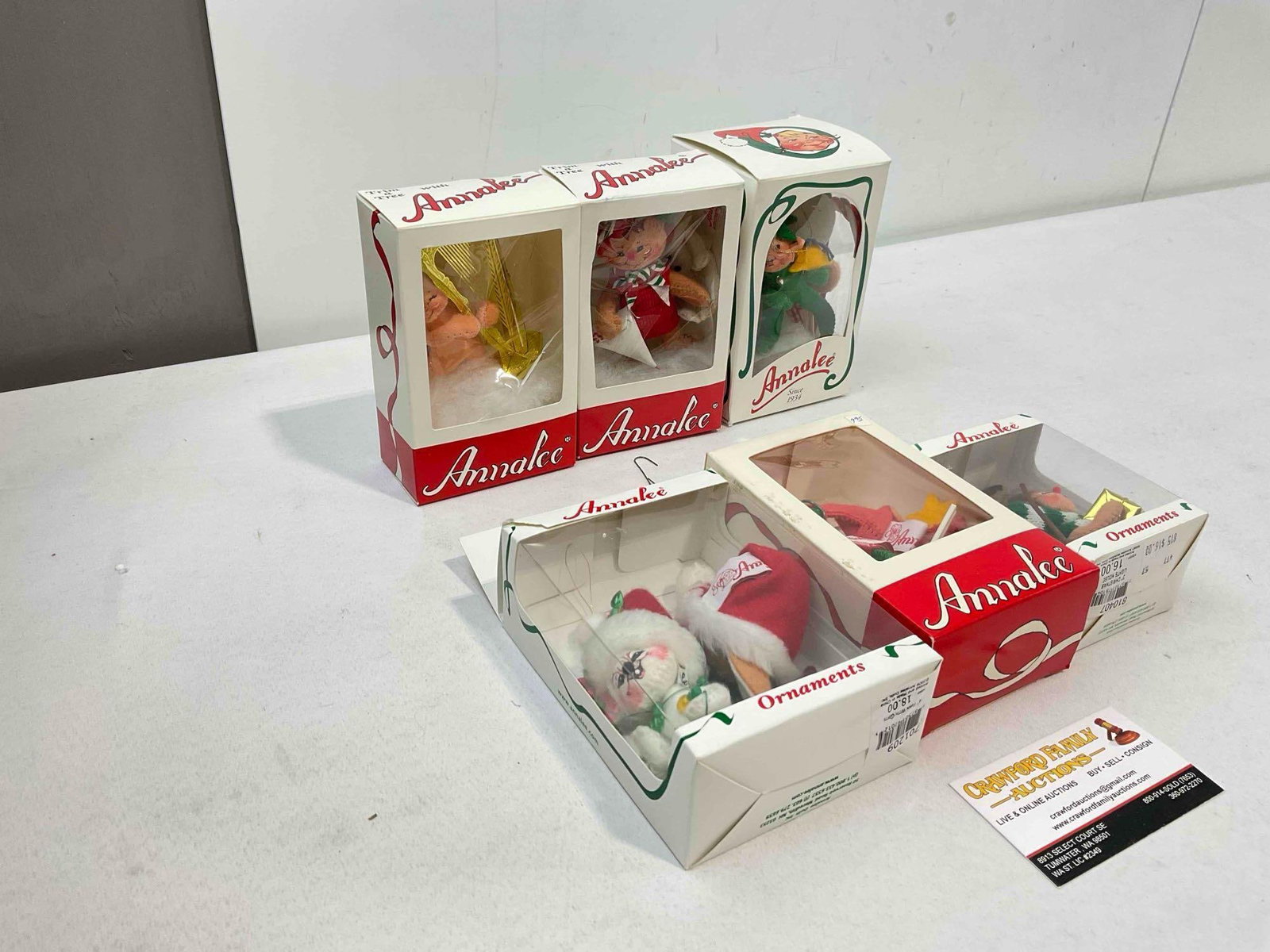 6 pcs Annalee Mobiltee Dolls Christmas Tree Ornaments in Original Boxes, Vintage & Modern. - 2